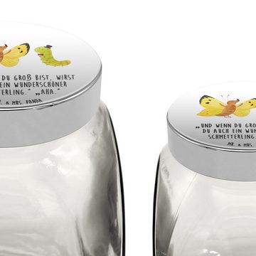 Mr. & Mrs. Panda Vorratsglas L 870ml Raupe Schmetterling - Weiß - Geschenk, Tiermotive, Aufwachsen, Premium Glas, (1-tlg), Exklusive Motive