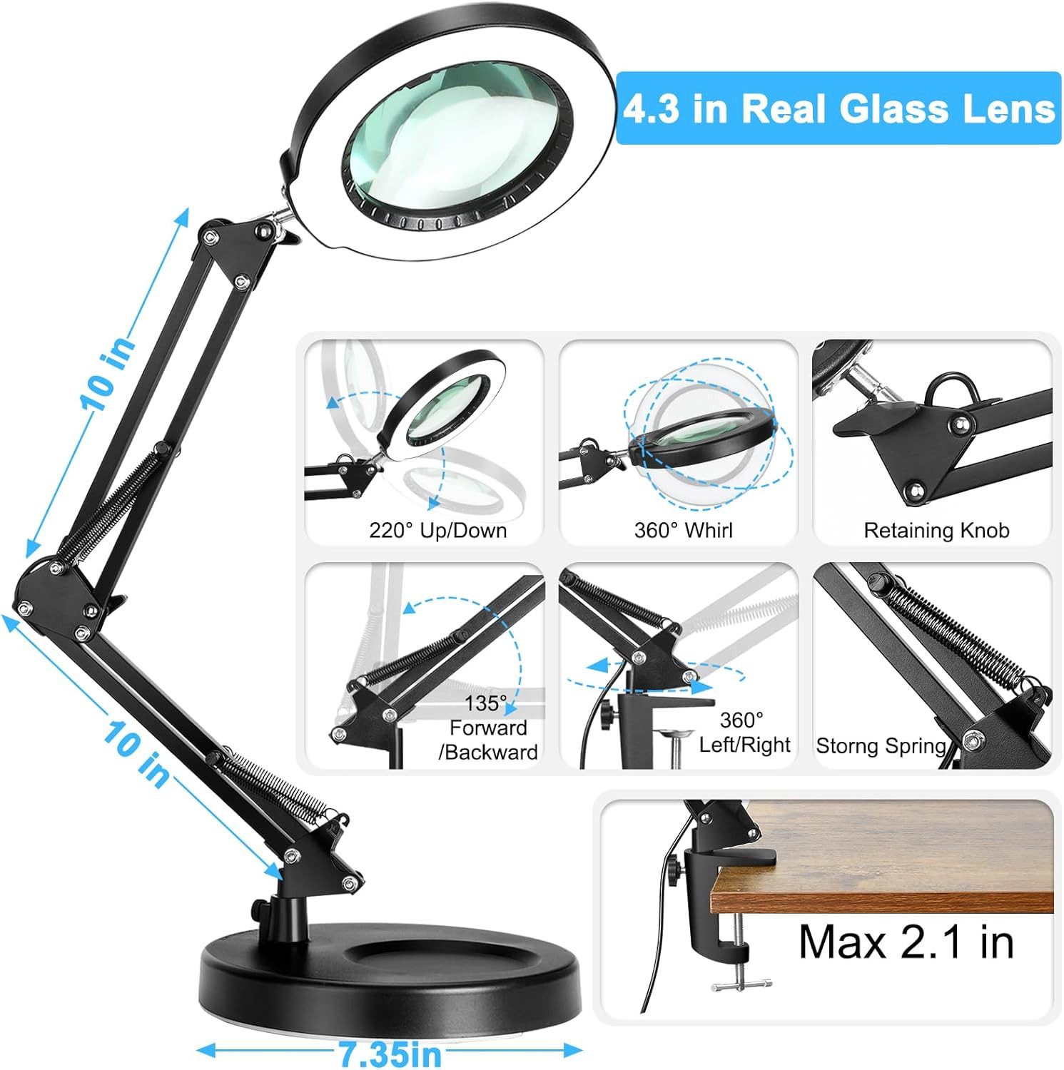 Toomoke Lupenlampe Lupenleuchte, Klemmleuchte für Lesen und Präzisionsarbeit, Arbeitslupe, Tischlupe für Nähen, Basteln, Elektronik und Kosmetik, 10-fach, 4,3 Z – Bild 4 von 5