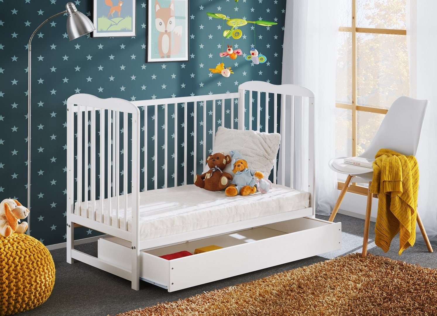 ASM-Moebel Babybett Babybett Gitterbett Beistellbett + Matratze und Schublade ALA 120x60, Mit Schlupfsprossen, Schublade, Abnehmbarer Bezug, Drei Positionen