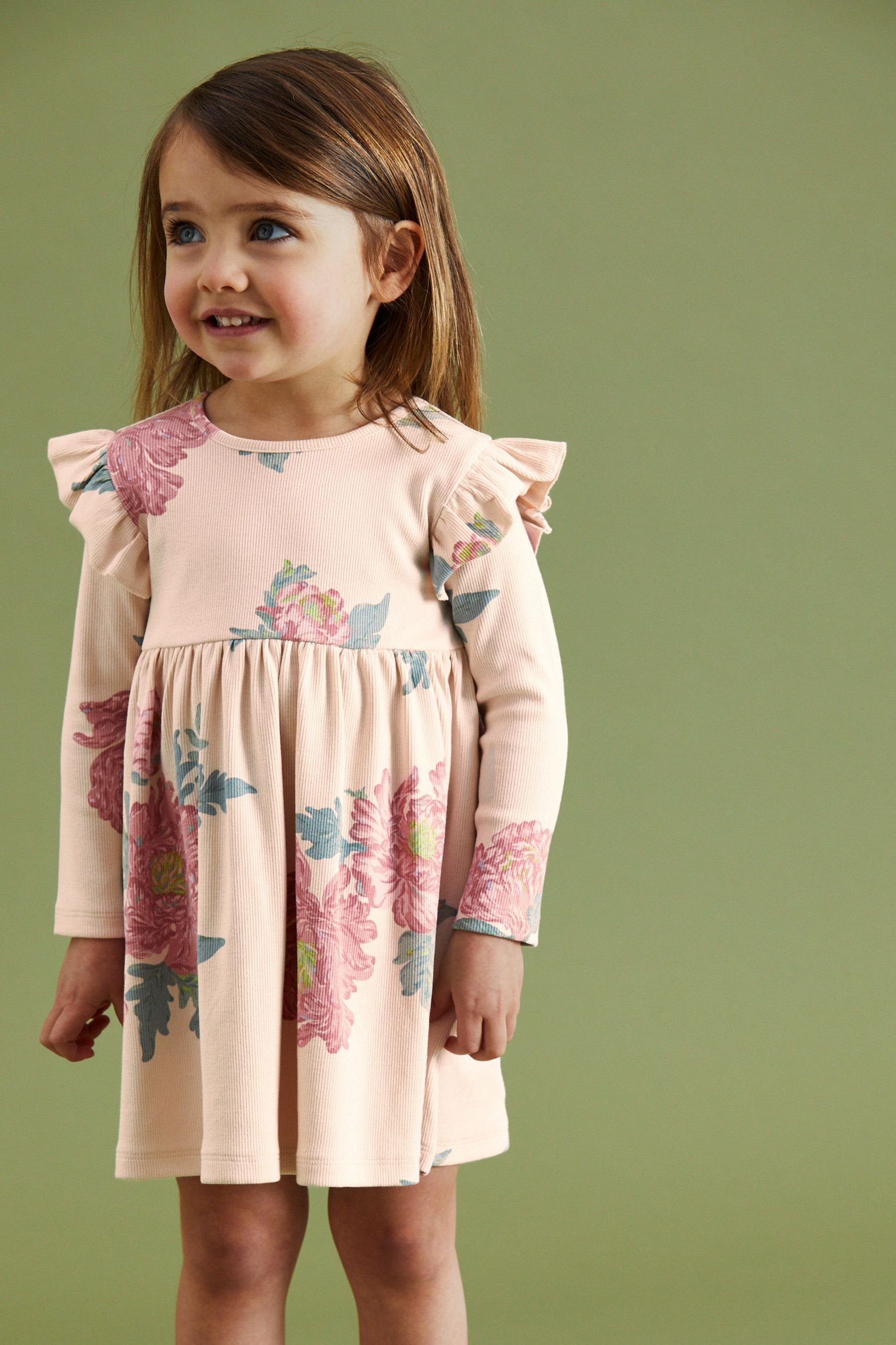 Next Jerseykleid Langärmeliges, Floral Jerseykleid Cream (1-tlg) geripptes