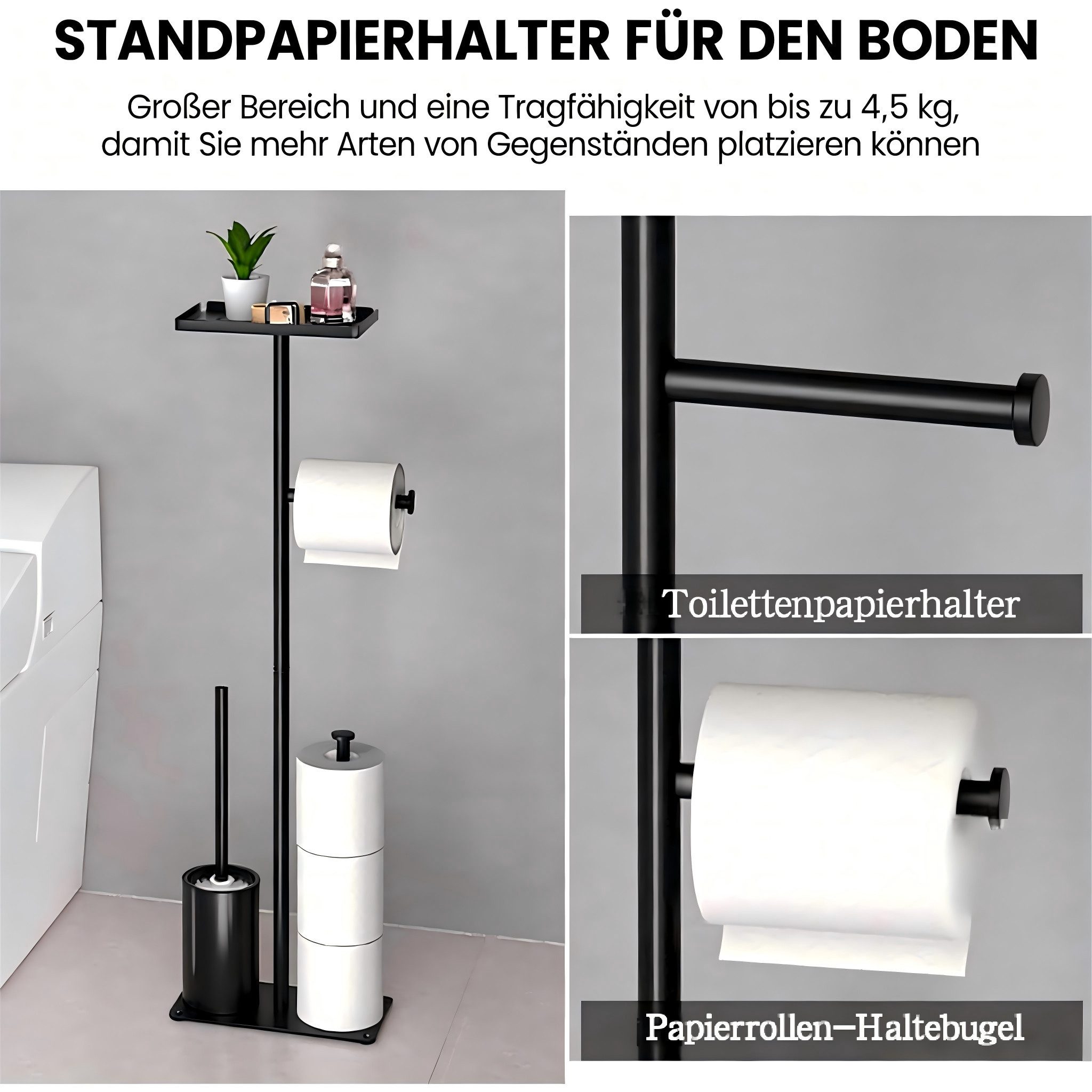 Toomoke Toilettenpapierhalter Rollenständer, Bad-Organizer, Bürstengarnitur (Ersatzrollenhalter mit Ablage, Toilettenbürste, freistehend, 4-in-1), Kompakte Toil – Bild 3 von 5