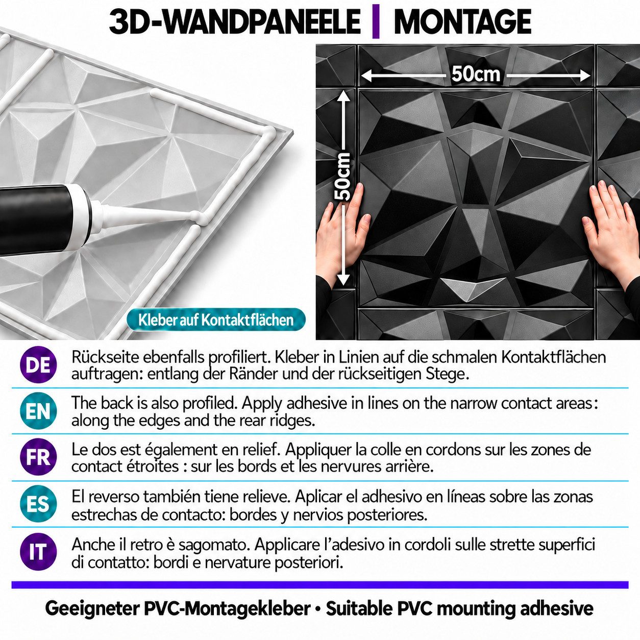 IKHEMalarka 3D Wandpaneel 3D Paneele PVC Kunststoffpaneele, BxL: 50,00x50,00 cm, 0,25 qm, (1 Stück, 3D Wandpaneele Deckenpaneele) hochwertige & harte PVC 3D Pla – Bild 4 von 5