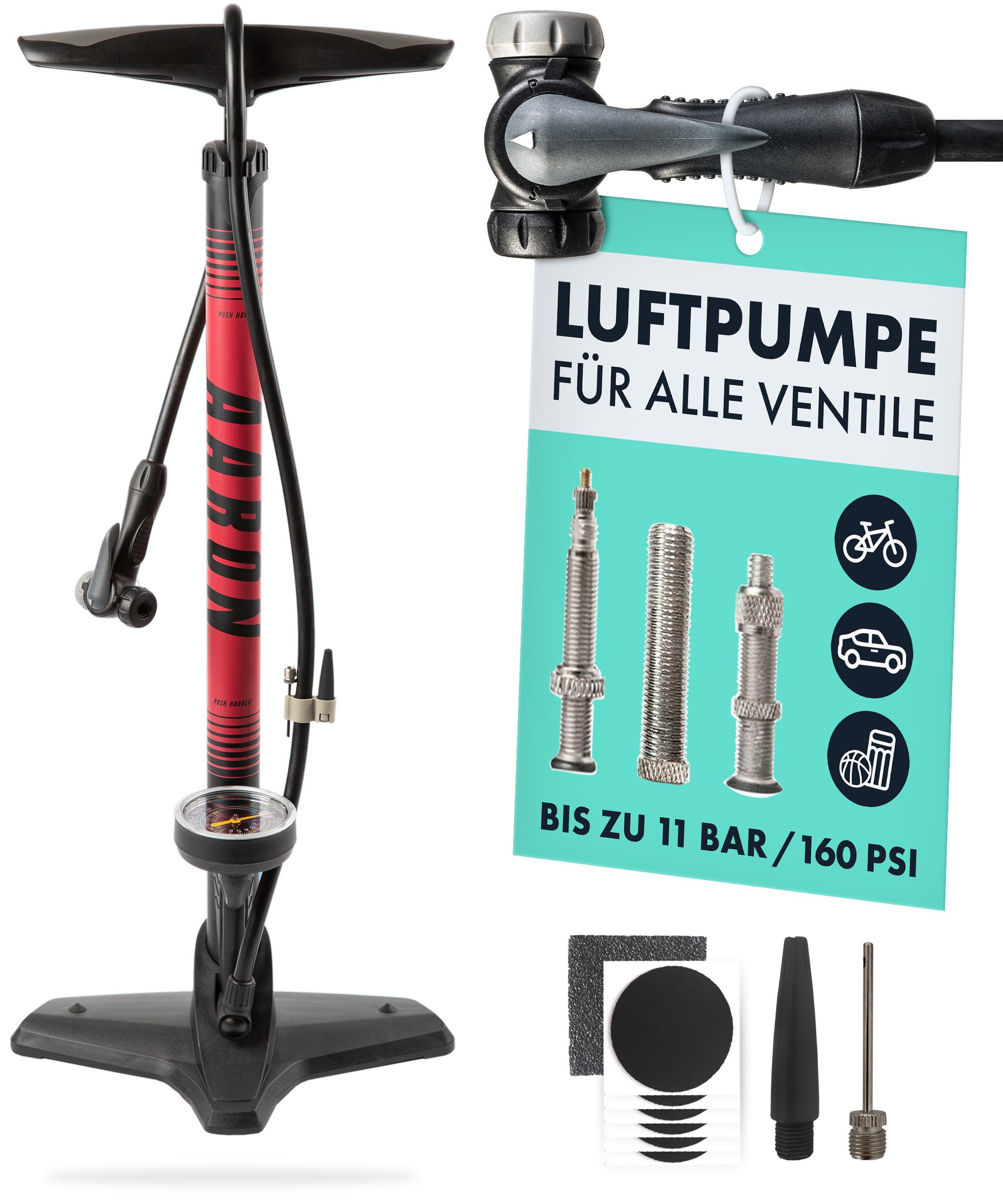 AARON Fahrradpumpe Sport One Fahrradpumpe für MTB Trekking Rennrad Stadtrad Ventil