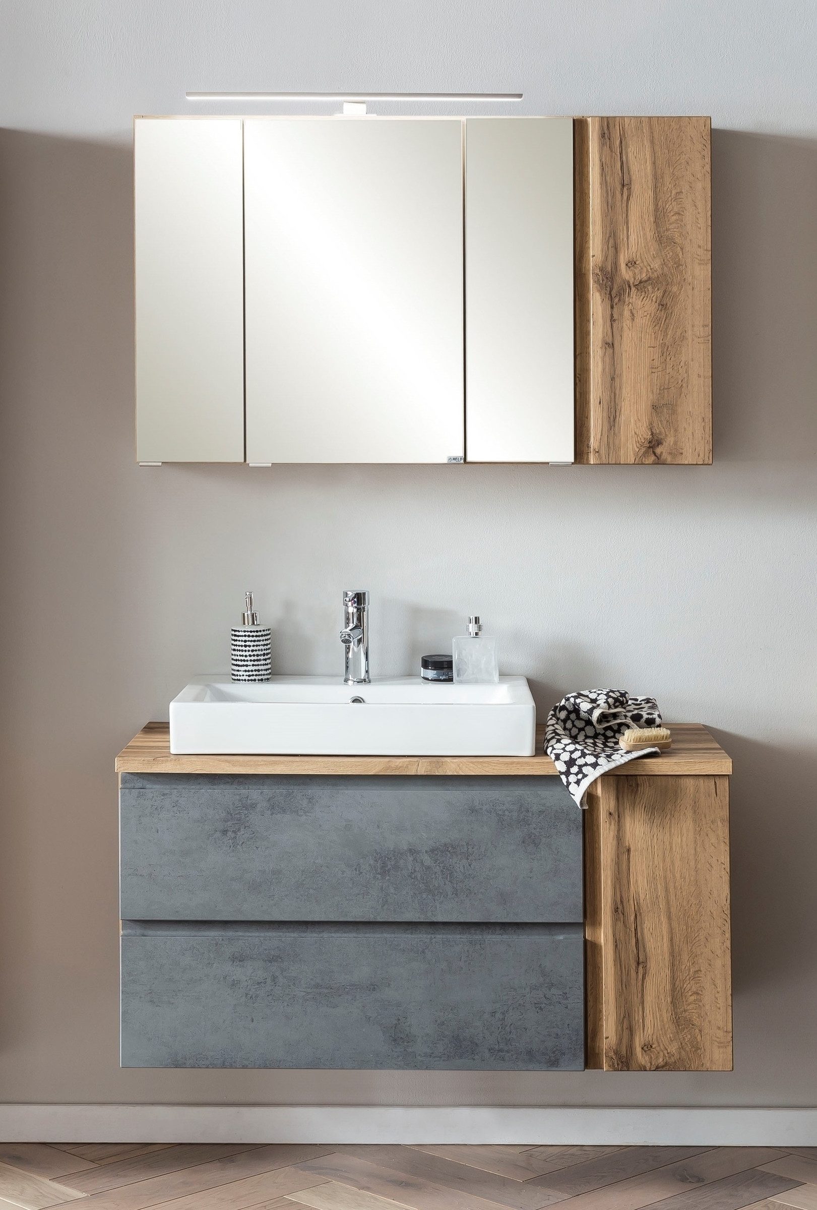 HELD MÖBEL Badmöbel-Set (2-teilig) in Betongrau / Wotaneiche - 105x195x47cm (BxHxT), (2-teilig)
