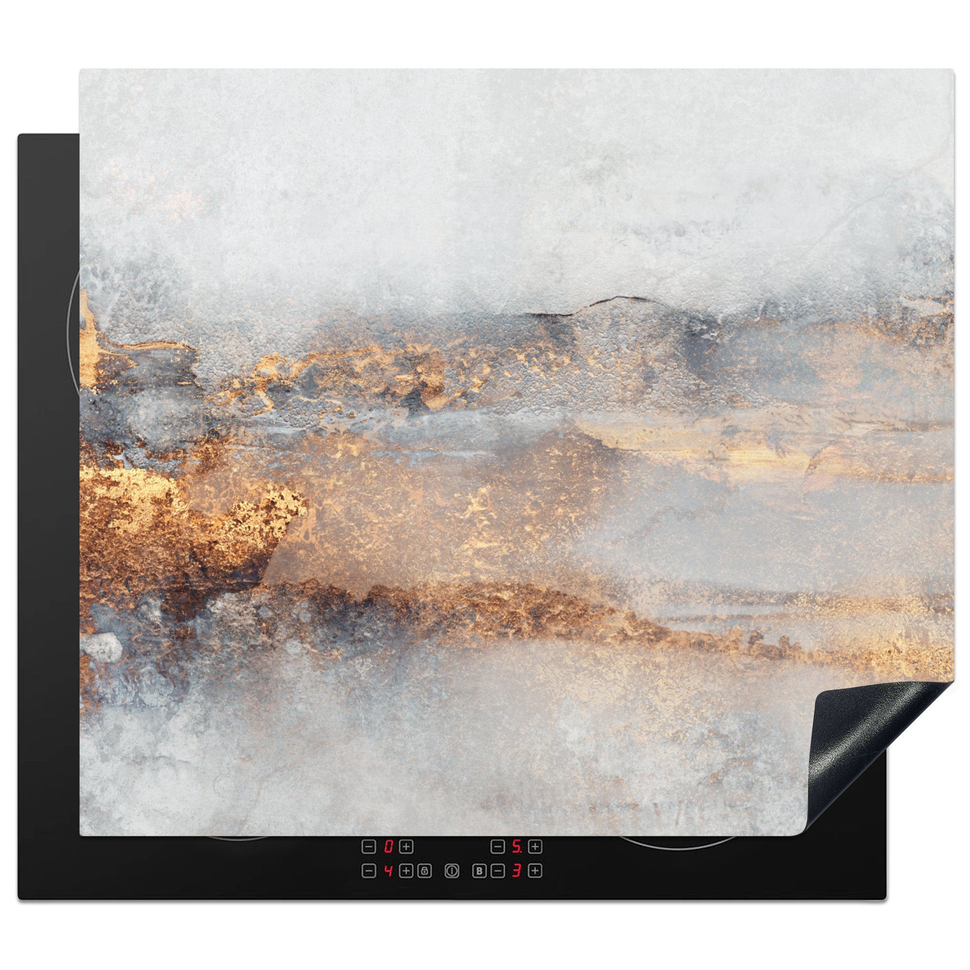 MuchoWow Herd-Abdeckplatte Nebel - Gold - Abstrakt, Vinyl, (1 tlg), Ceranfeldabdeckung Küche, Herdabdeckplatte Einteilig, 59x51 cm