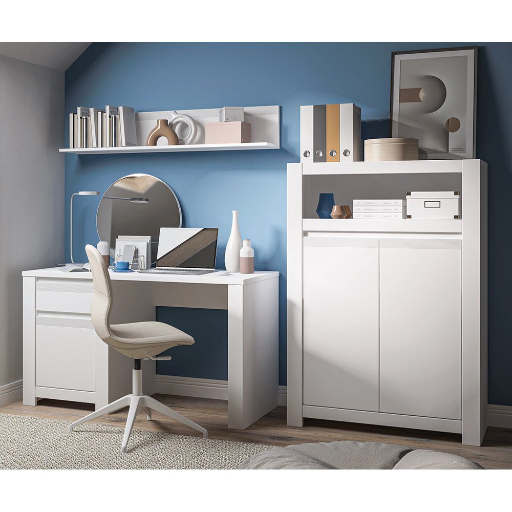 Lomadox Schreibtisch NAVA-129, Bürotisch, weiß, 130x75x60 cm, Schubkasten, Tür