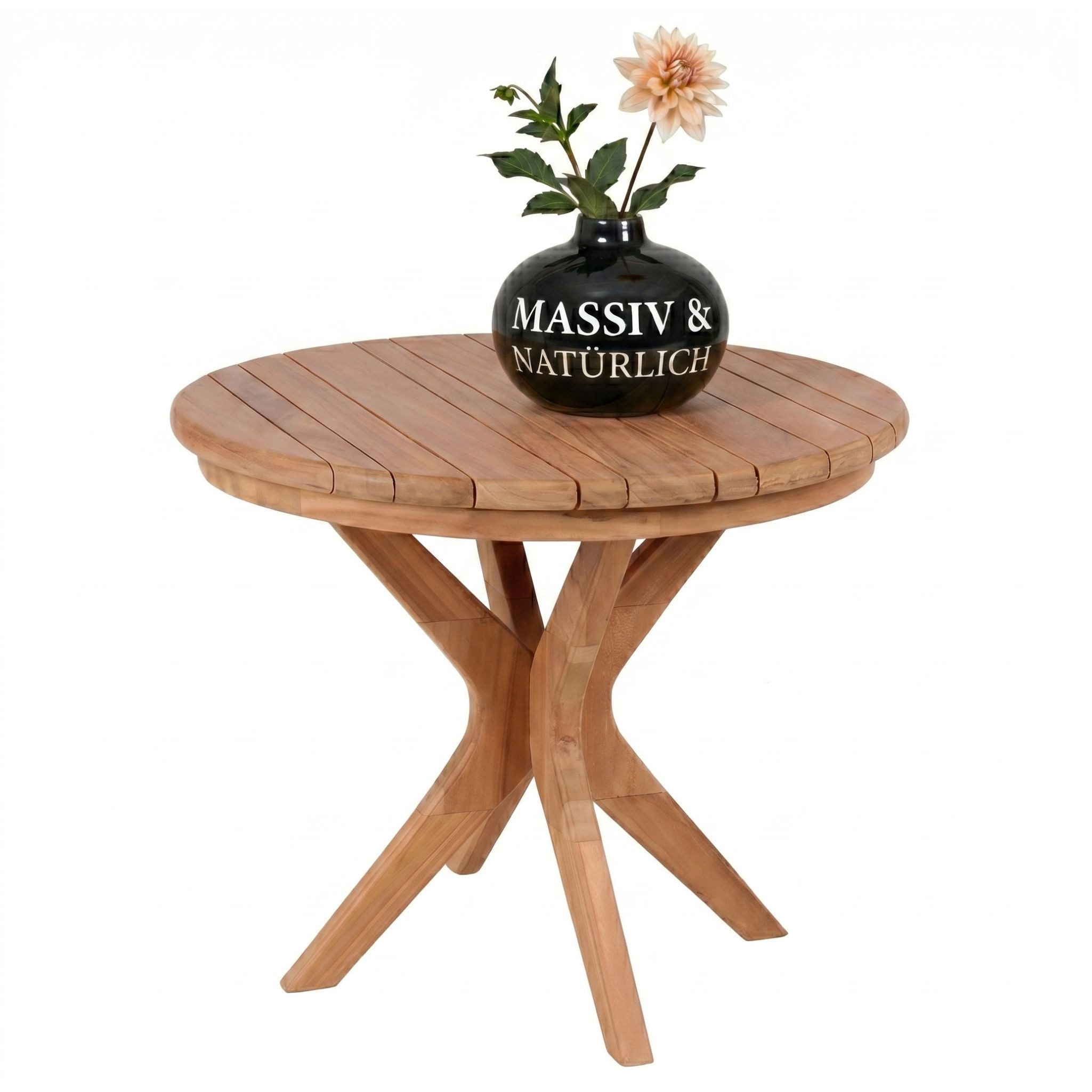 MR.DEKO Beistelltisch aus Teakholz rund Ø60 cm natur massiv Outdoor wetterfest (Ideal zu Deckchairs kombinierbar – für drinnen & draußen geeignet, 1-St), Plantagen-Teak Vollholz – wetterfest, vielseitig, leicht montierbar