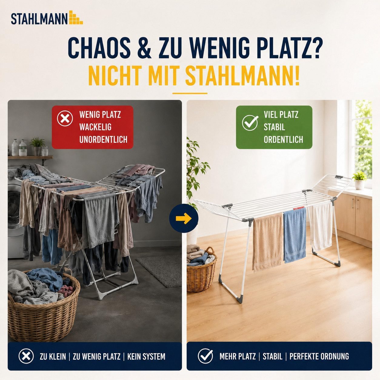 STAHLMANN Wäscheständer ausziehbar Premium XL [30 m Trockenfläche] mit Rollen und Flügel, Made in EU, Sockenhalter, klappbare Seitenflügel, für 3 Wäscheladungen – Bild 5 von 5