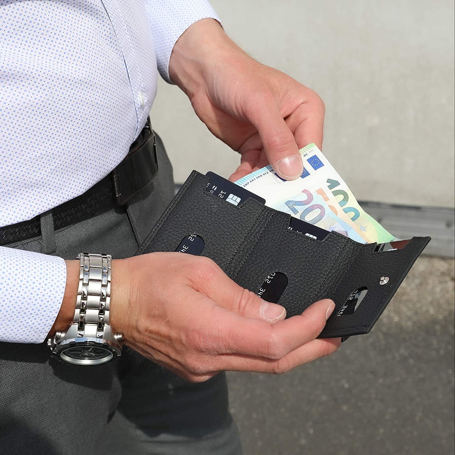 [12 Riga Slim Schutz, Slimwallet Münzfach echt in Solo Brieftasche Leder, Macde Wallet Europe [RFID-Schutz], RFID Karten] Matt Pelle Schwarz mit