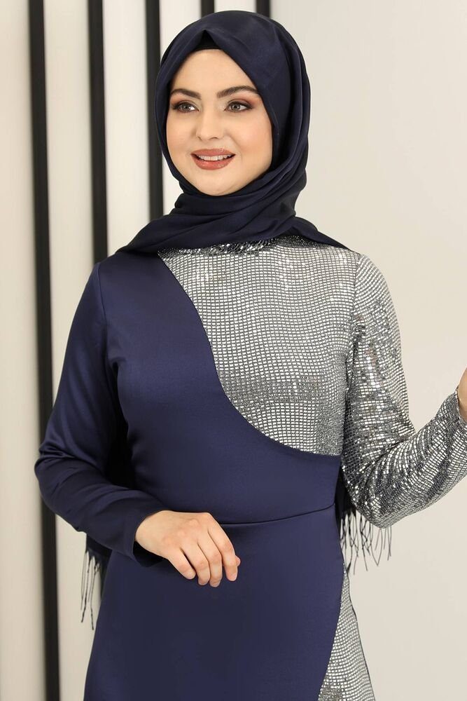 Pailletten mit Paillettenkleid Modavitrini Kleid Abaya Damen Abendkleid Abiye Blau Hijab Navy Maxikleid
