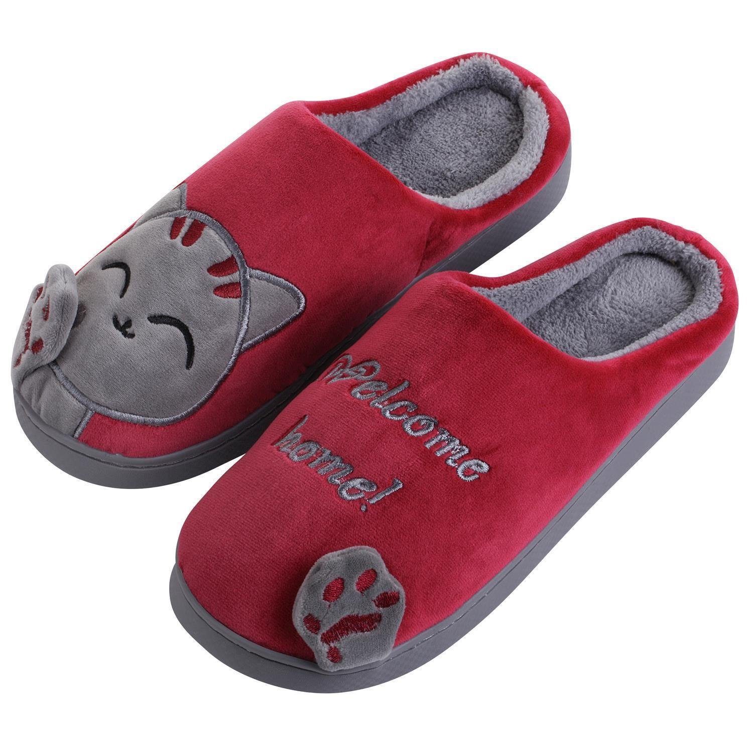 Katara Tier Pantoffeln Gr. 34-41 (Einhorn, Katze, Hase) Plüsch Hausschuhe Hausschuhe, weich, warm, süß, kuschelig, Plüsch Katze (Schwarz-Rot)