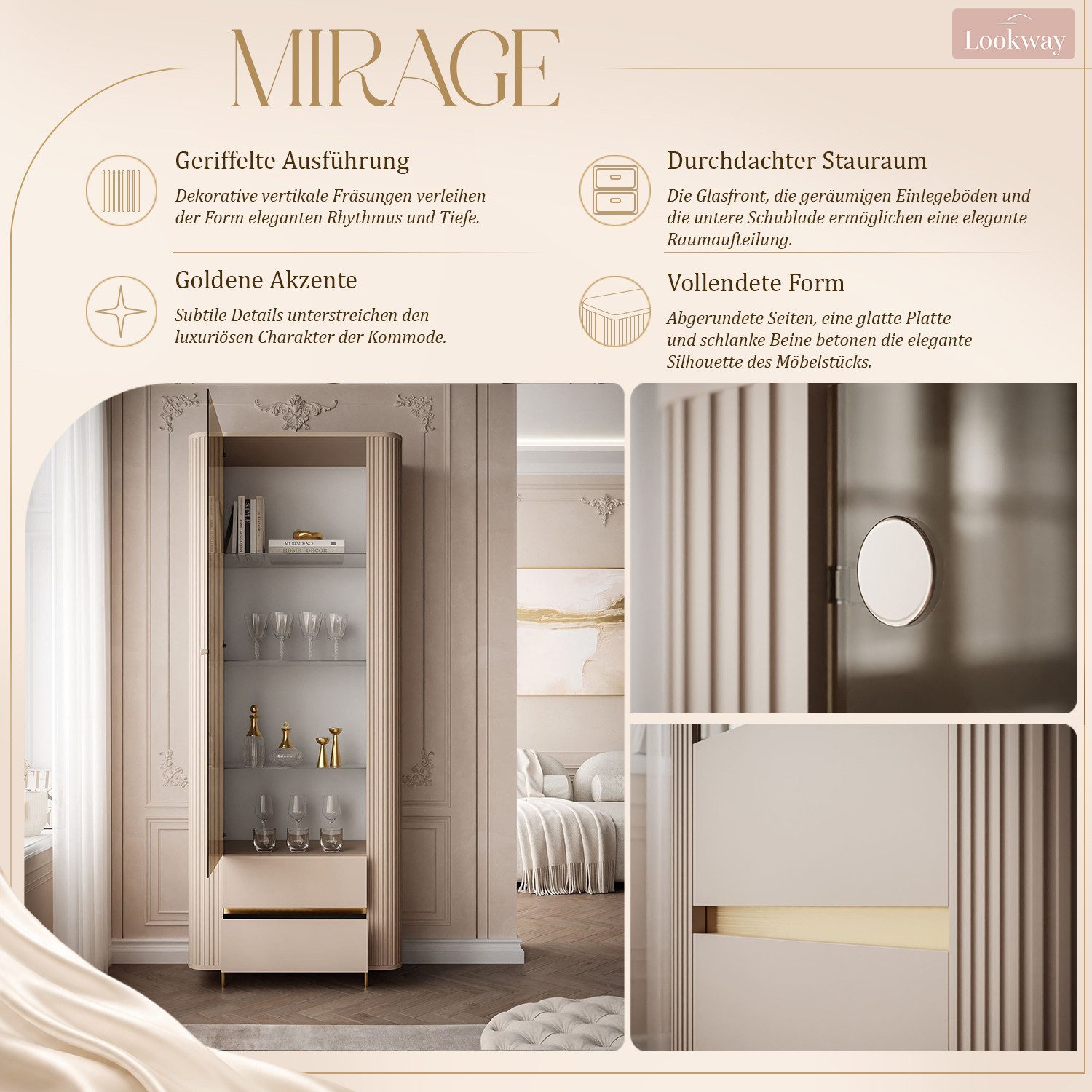 Lookway Glasvitrine MIRAGE GOLD mit LED-Beleuchtung und geriffelten Seiten 76x40x197 cm – Bild 4 von 5