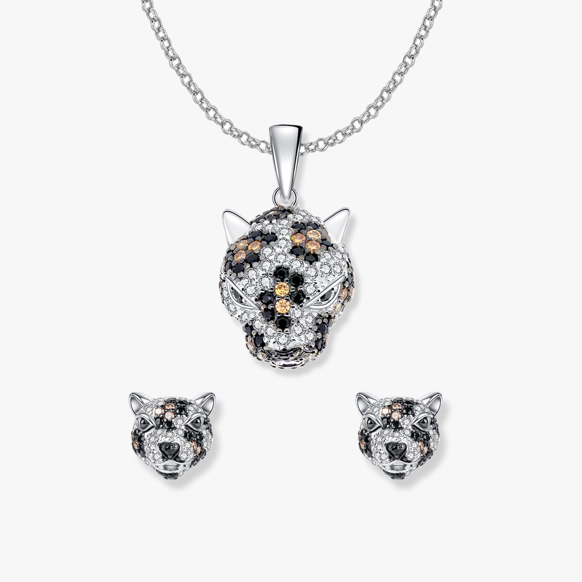 Seinerzeit FLORA & FAUNA Kettenanhänger Jack Jaguar Set, Schmuck aus 925 Sterling Silber (Von der farbenprächtigen Welt des Dschungels inspirierter Damenschmuck mit liebevoll gestaltetem exotischem Tiermotiv – ein besonderer Begleiter im Alltag und zu besonderen Anlässen, 1-tlg., inkl. Geschenkverpackung für Frauen ob Freundin, Mutter, Ehefrau, Oma), rhodiniert, geschwärzt und Zirkonia-Steinen