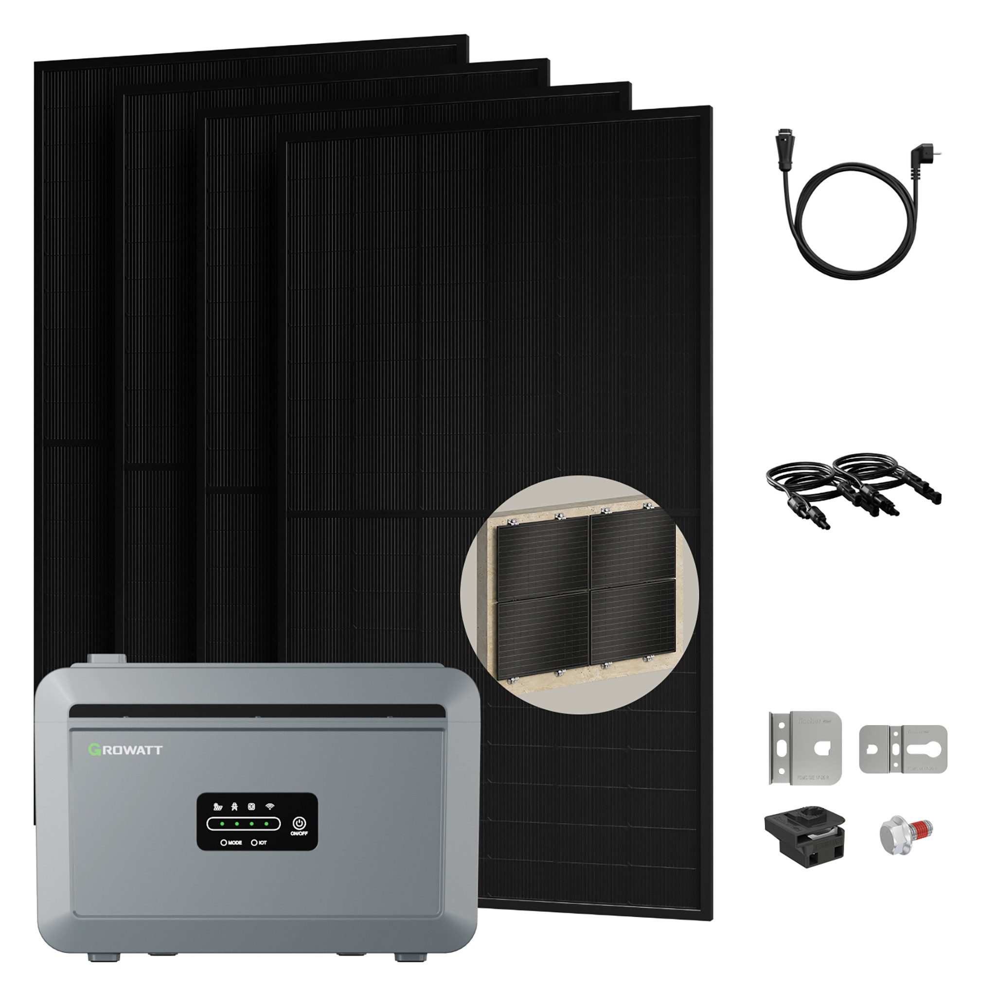 Growatt Balkonkraftwerk 2000W Komplettset mit Speicher NEXA 2000, (4×500W Solarmodule, inkl. Fischer Fassadenhalterung für Wandmontage), Balkonkraftwerk Komplettset