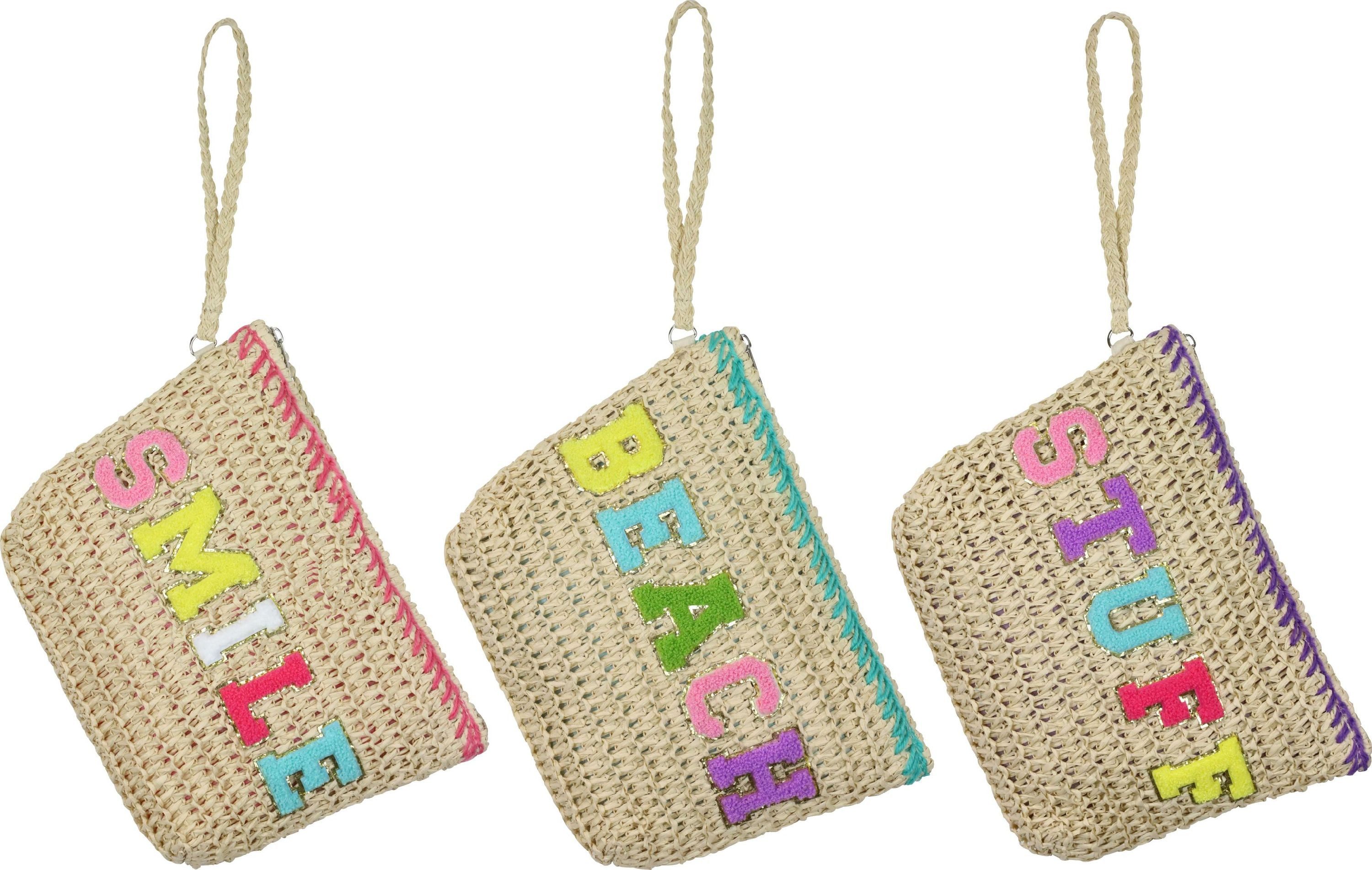 FURNARO Kulturbeutel (3-tlg. Set), Taschen aus Raffia mit Schriftzügen - SMILE, BEACH, STUFF 28x19x5cm