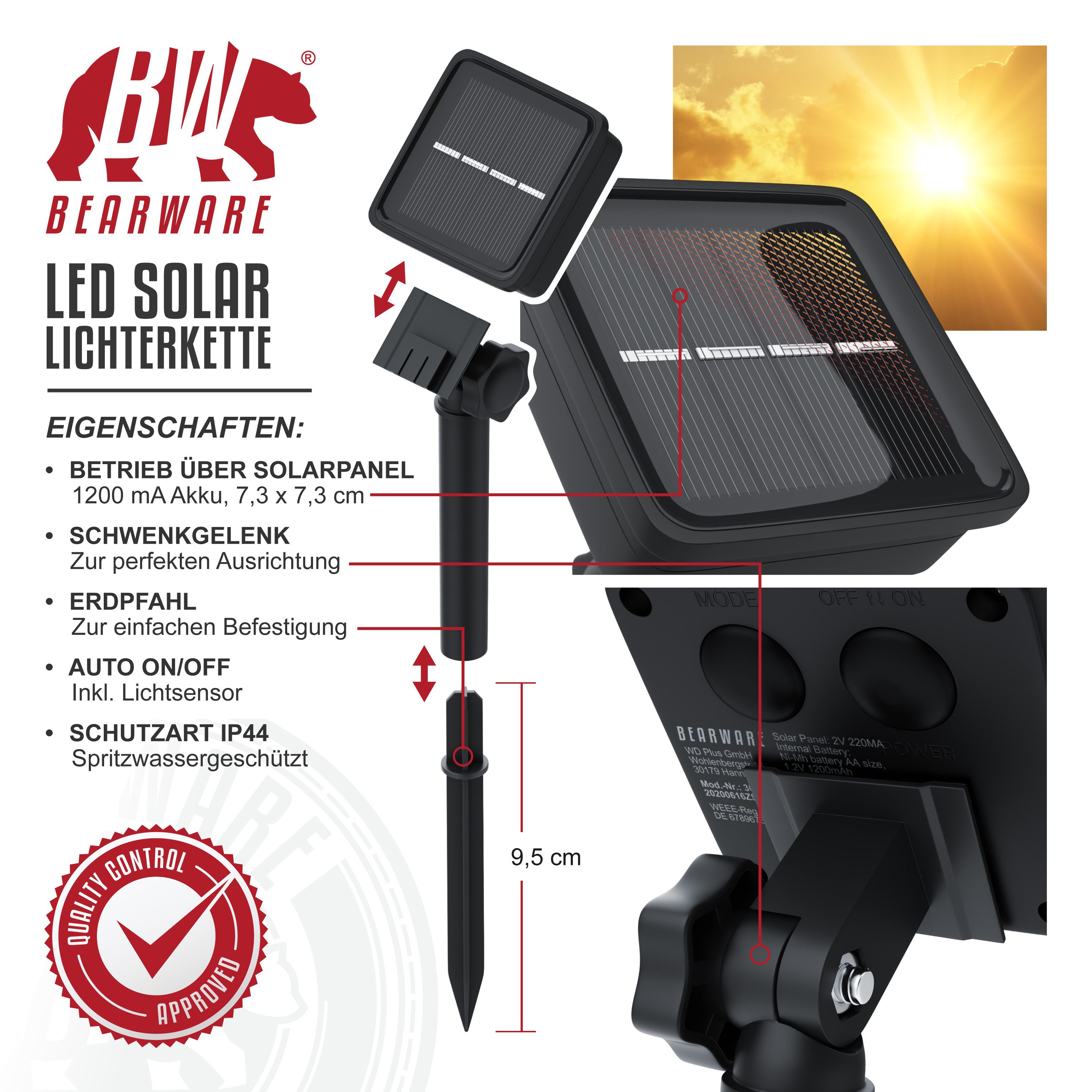 BEARWARE LED-Lichterkette Solar 10m warmweiß, Innen & Außen, Solarpanel mit Akku, 100 Leds, IP44, 2 Modis, wetterfest für Garten, Hochzeit, Balkon, Terasse uvm.