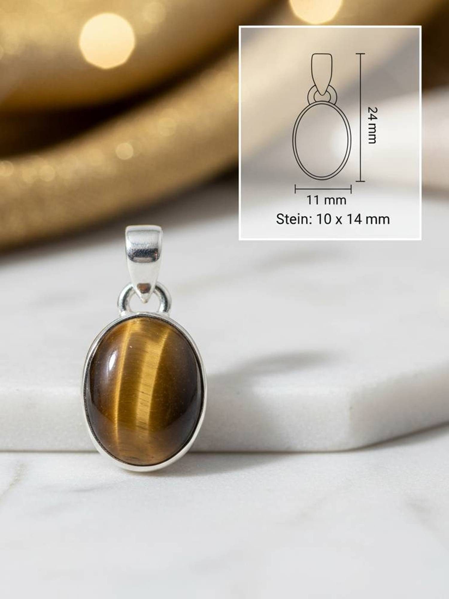 mantraroma Kettenanhänger SAMA oval aus 925 Silber mit Tigerauge (Kettenanhänger am Baumwollband im Schmuckbeutel), 925 Sterling Silber Kettenanhänger für Damen
