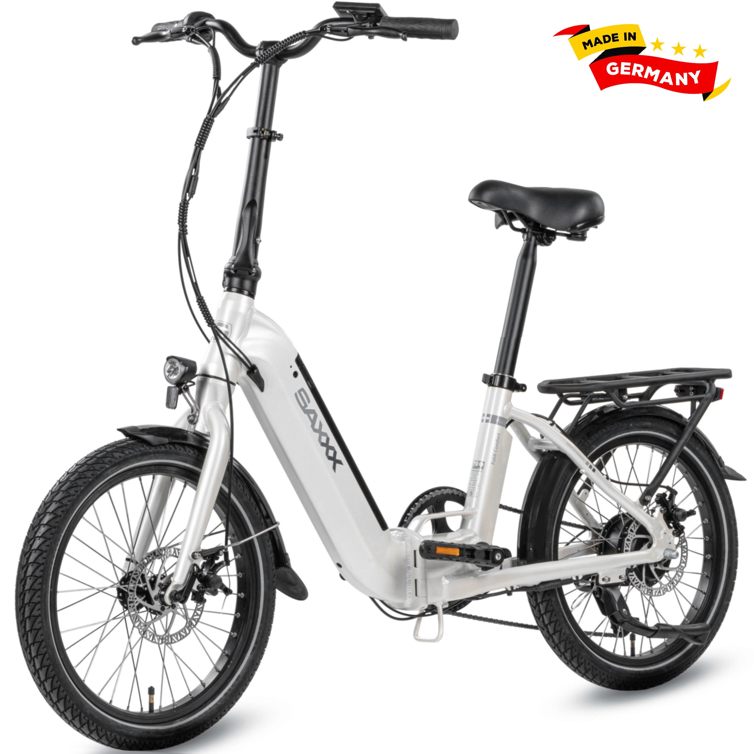 SAXXX E-Bike Klapprad 20 x 2,3'' SAXXX FC, 410,4Wh, 55-100km, nur 24kg, für Damen und Herren, 7 Gang Shimano Nexus Schaltwerk, Kettenschaltung, Heckmotor, 410,4 Wh, (mit entnehmbarem Akku, mit Gepäckträger, 95 % vormontiert), RH: 33cm, E-Faltrad bis zu 130kg, Pedelec E-Citybike mit Tiefeinstieg