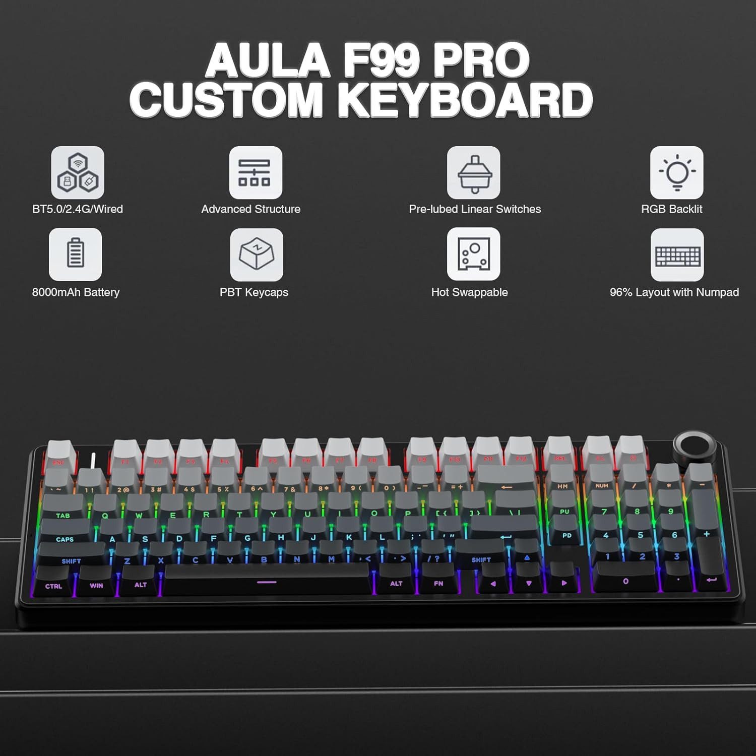 nsihing AULA F99 Pro Mechanische Gaming Tastatur, RGB, Hot Swap, Bluetooth Gaming-Tastatur
