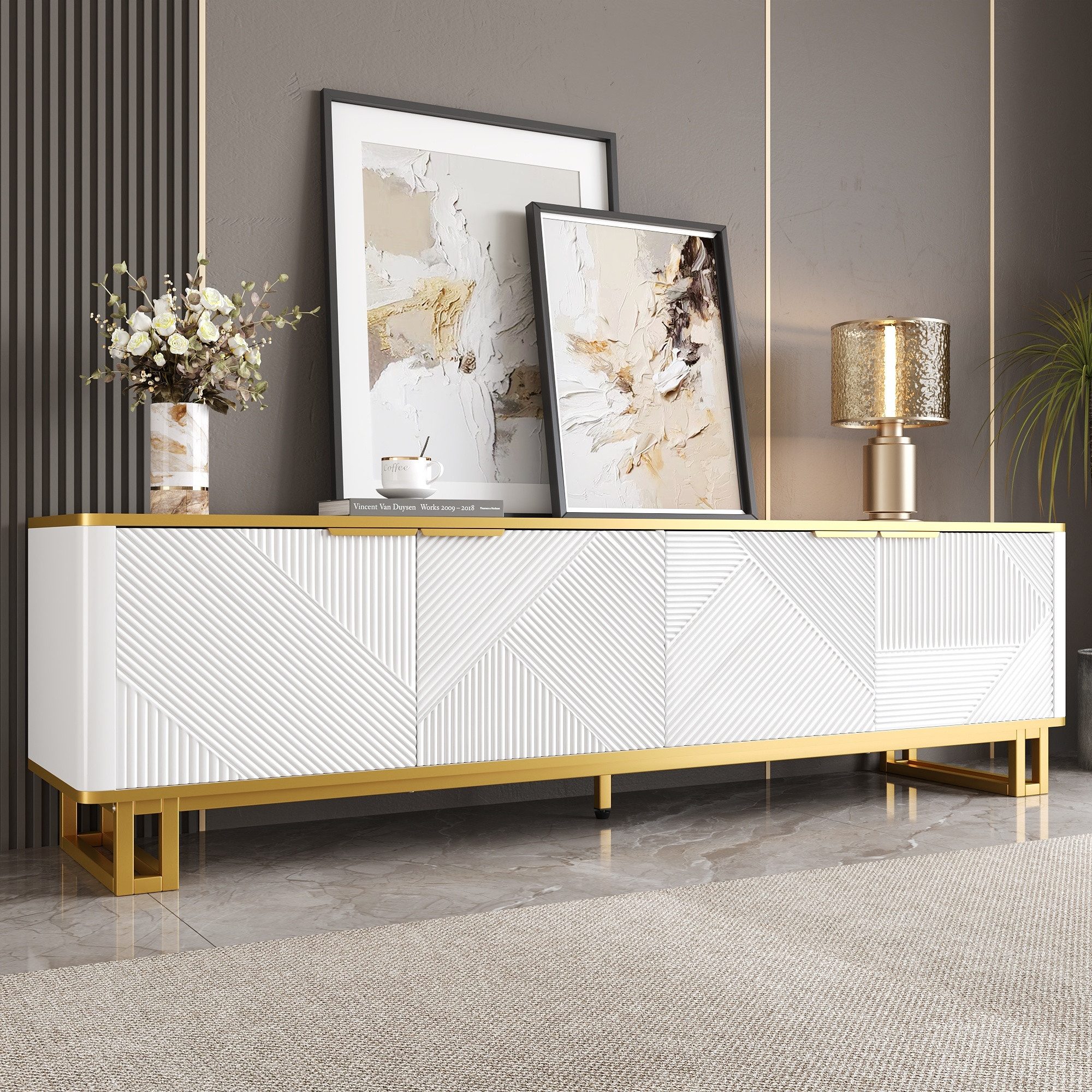 Merax Lowboard in Weiß und Gold, TV-Board mit vier Türen und Stauraum (1 St günstig online kaufen