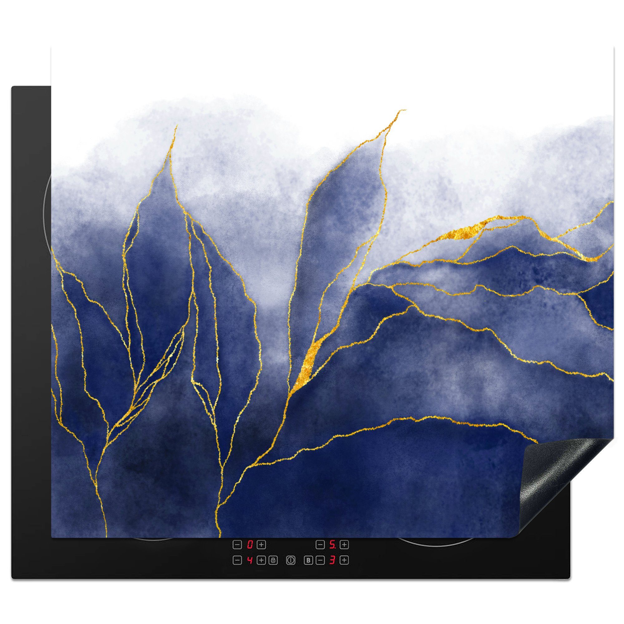 MuchoWow Herdblende-/Abdeckplatte Marmor - Blau - Marmoroptik - Gold - Textur, Vinyl, (1 tlg), 60x52 cm, Mobile Arbeitsfläche nutzbar, Ceranfeldabdeckung