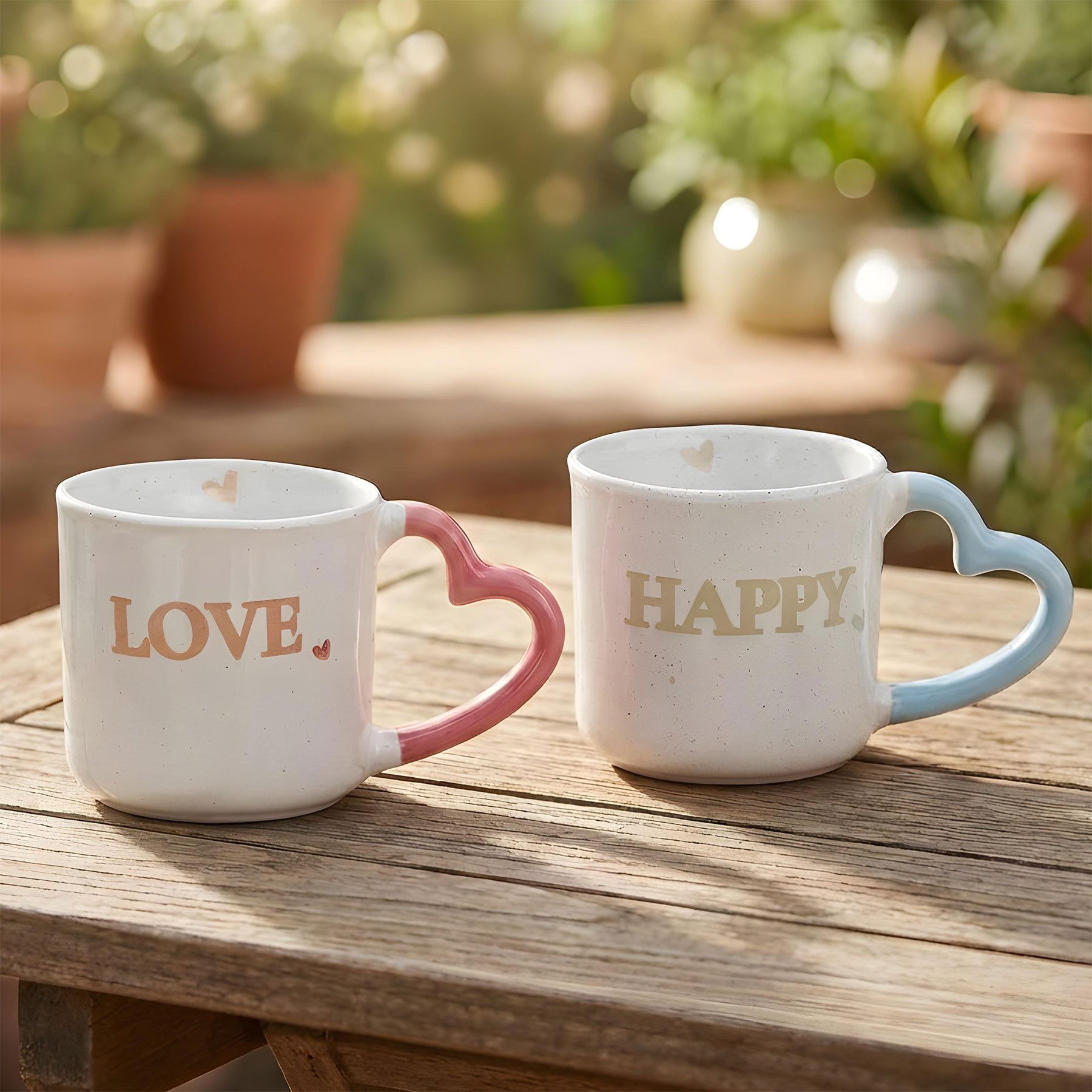Levandeo® Tasse, 2er Set Tassen Steingut 350ml Herz Happy Love Kaffeebecher Kaffeetasse