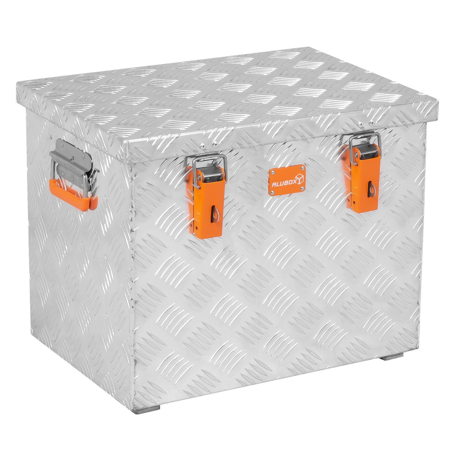 ALUBOX Aufbewahrungsbox aus Aluminiumriffelblech massive Transportkiste (70 Liter), Fangbänder & Gasdruckdämpfer im Deckel