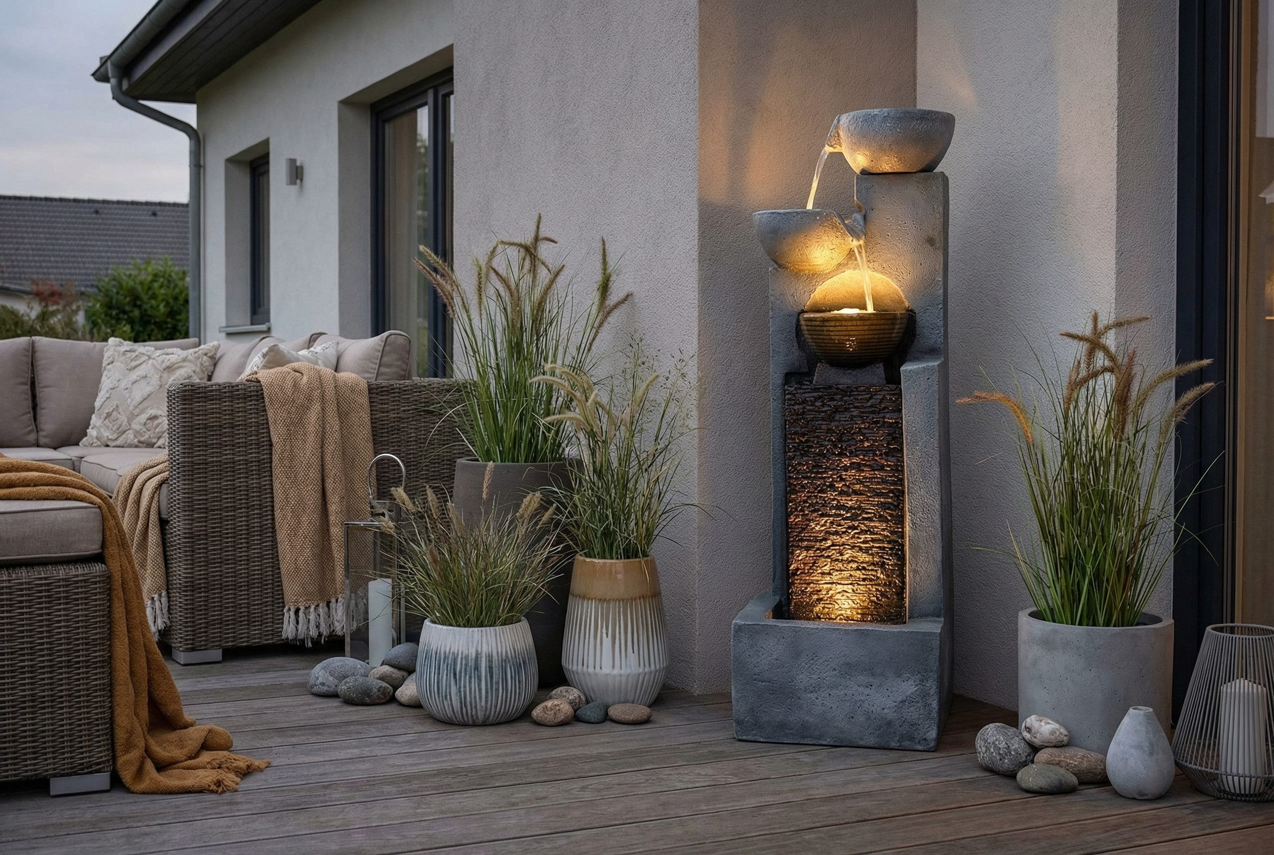 Arnusa Gartenbrunnen Großer Springbrunnen mit Beleuchtung Kaskade Wasserfall Krüge, 109cm Höhe