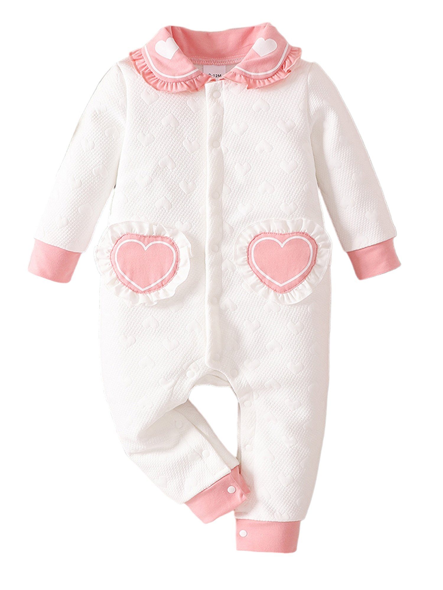 LAPA Strampler Baby Mädchen Niedlicher Langarm Revers Strampler Bodysuit mit Rüschen (1-tlg) Herzdruck, Kontrastfarben | Schlafoveralls