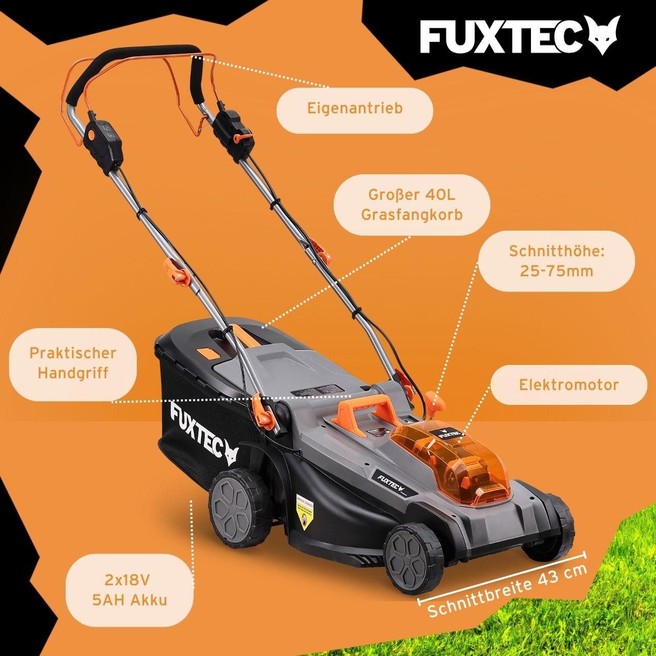 FUXTEC Akkurasenmäher FX-E2RM43PROSET, 43 cm Schnittbreite, 40V, variable Geschwindigkeit, Radantrieb, Mulchfunktion