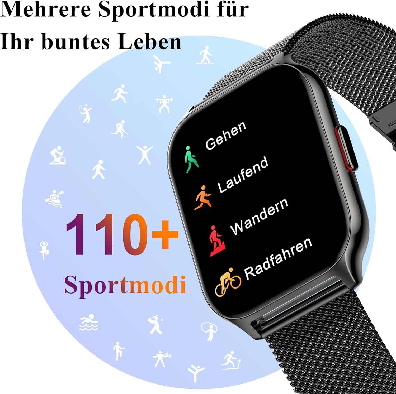 Zevelora Damen's und Herren's Telefonfunktion Fitness-Tracker IPx8 Wasserdicht Smartwatch (5,08 cm/2 Zoll, Android/iOS), mit austauschbarem weichem Silikonarmband, mit Blutdruckmessung Herzfrequenz Schlafmonitor SpO2, Sport modus