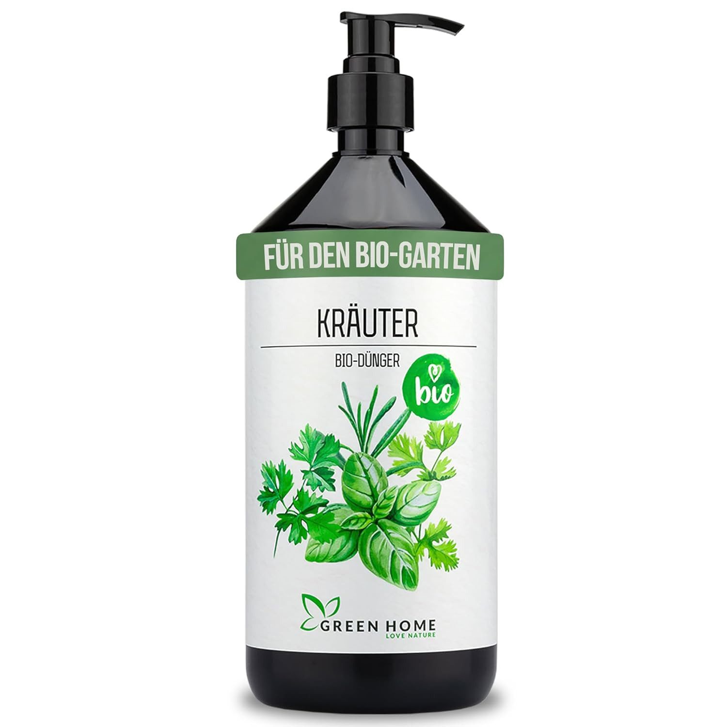 GREEN HOME LOVE NATURE Kräuterdünger Bio-Dünger flüssig NPK 3+2+6 für Kräuter, Basilikum & Rosmarin, Kräuter, 100 % bio, organisch-mineralisch, extra Kalium, Dosierpumpe