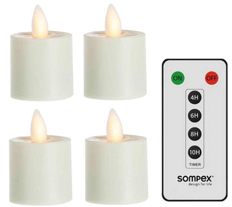 SOMPEX LED-Kerze 4er Set Sompex Flame LED Teelicht (Set, 5-tlg., 4 Teelichter, Höhe 3,1cm, Durchmesser 3,6cm, 1 Fernbedienung), mit Timer, Echtwachs, täuschend echtes Kerzenlicht