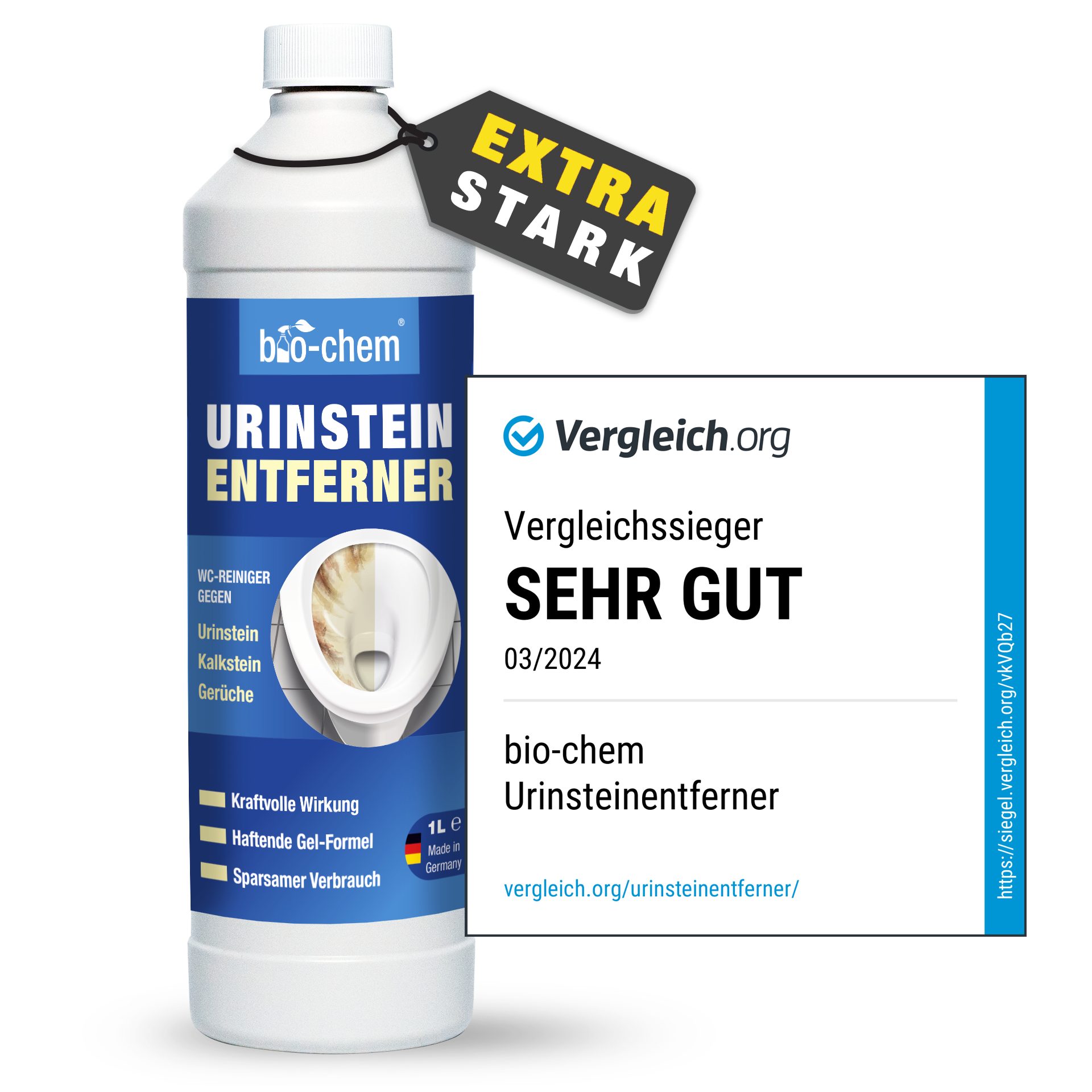 bio-chem bio-chem Urinsteinentferner EXTRA STAR inkl. Schrägdüse WC-Reiniger (Sparpaket, [- Urinsteinentferner 1 l + Schrägdüse + Bimsstein Profi WC-Reiniger für hartnäckigste Ablagerungen & Urinstein)
