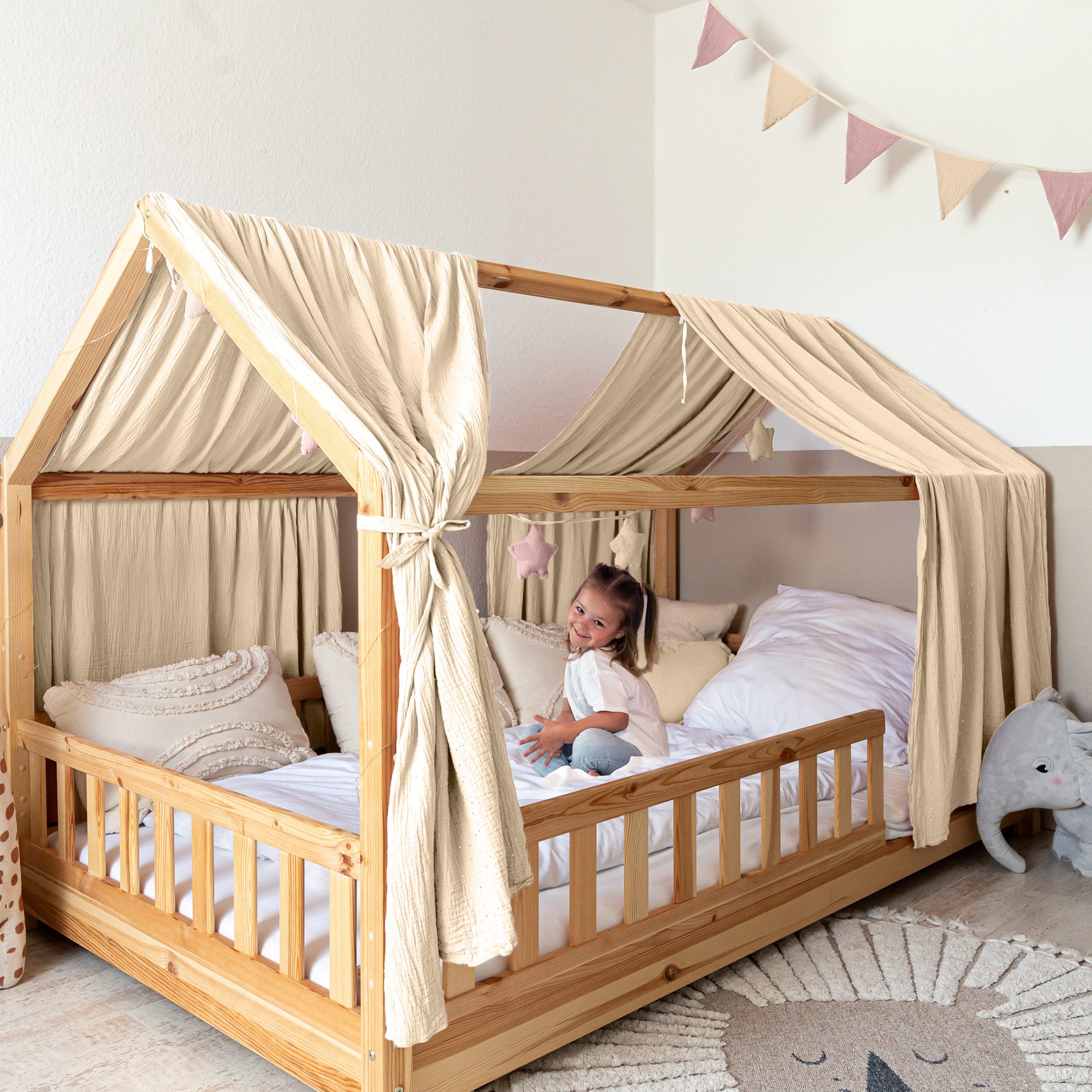 lilimaus Betthimmel Hausbett Himmel Gold aus Musselin - 2er-Set für Kinderbett (1-tlg), 2 Stoffbahnen mit feinen Goldapplikationen - schnell montiert