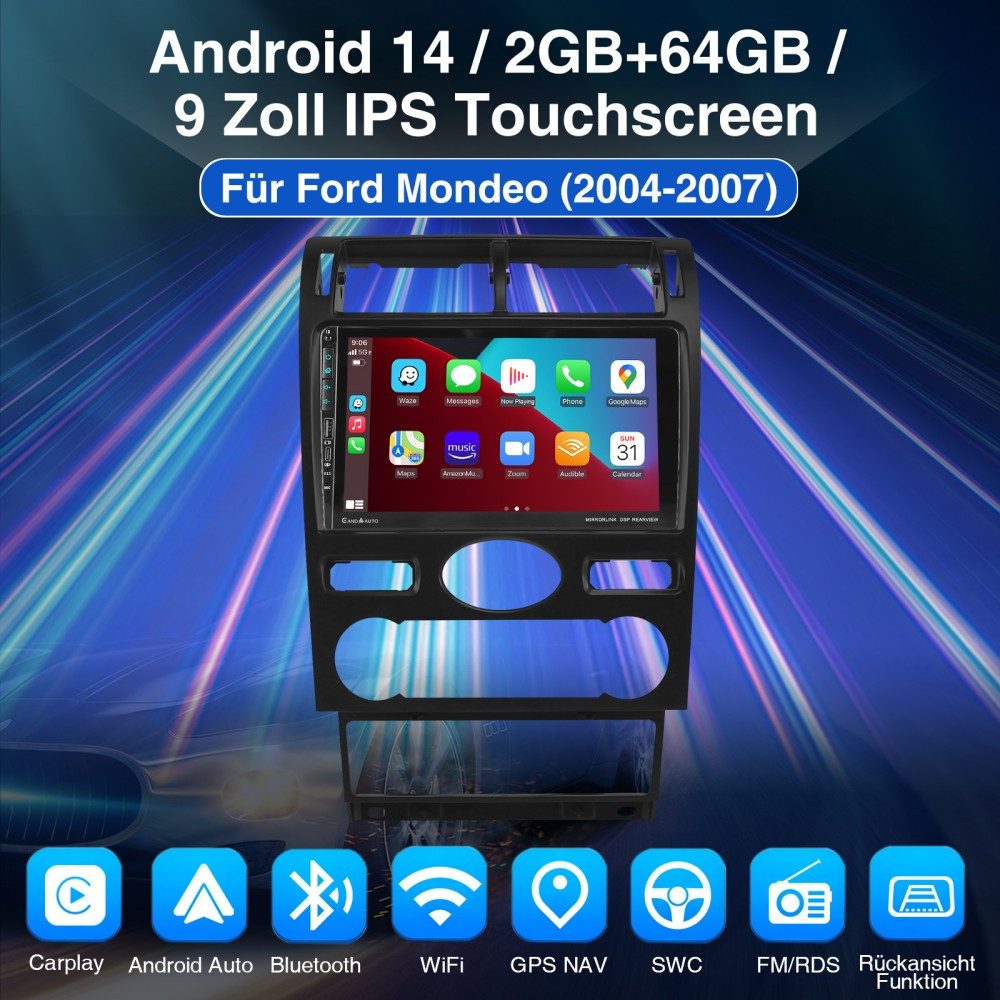 ESSGOO DAB+ 64G Für Ford Mondeo 2004-07 GPS Navi mit USB Type-C Android 15 Autoradio (RDS, 4+64GB(optional), DAB (optional), FM, AM, DAB+ (optional), Carplay Android Auto Bluetooth EQ USB GPS Navi WIFI Touchscreen)