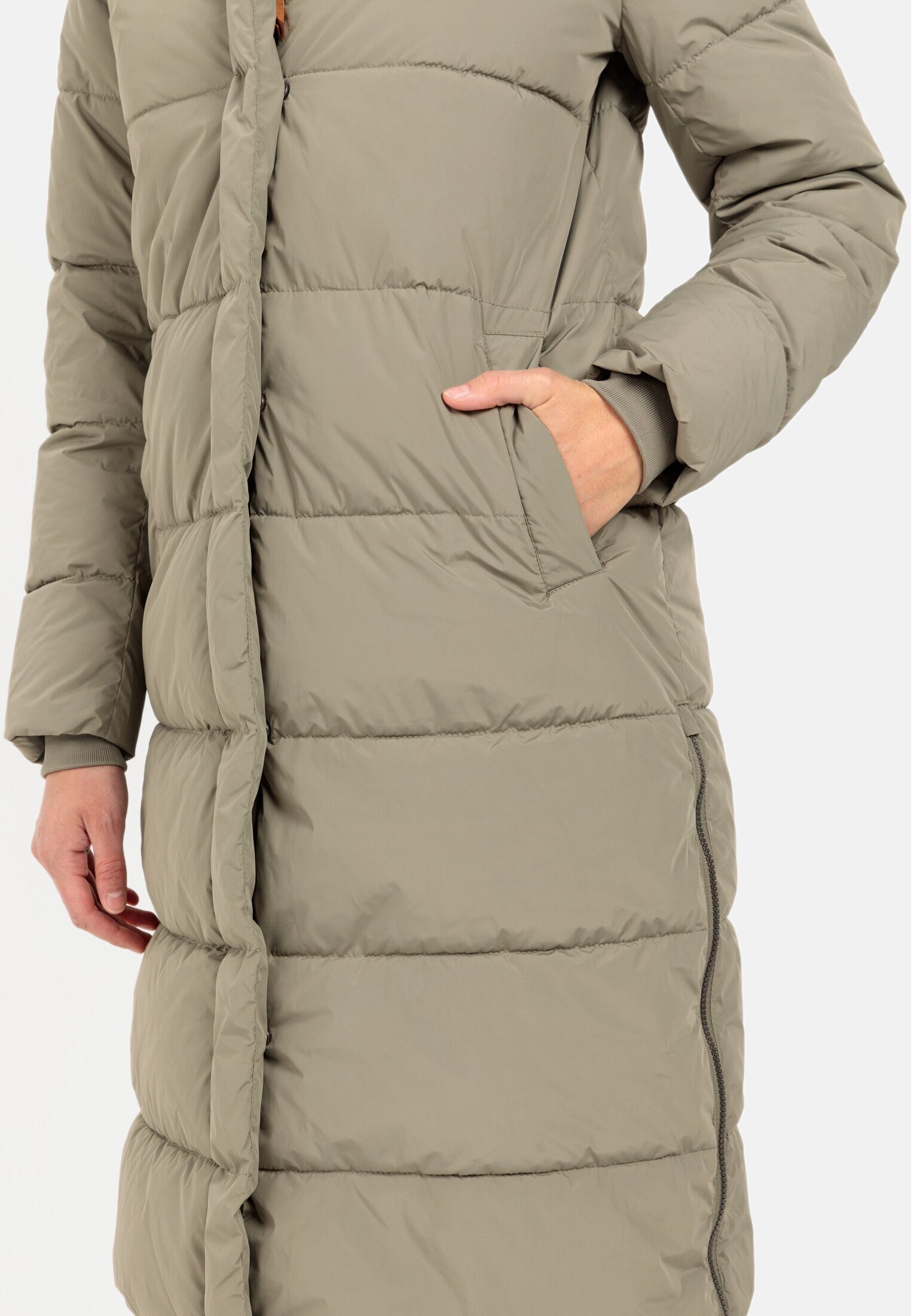 camel active Steppmantel aus recyceltem Polyester Langarm Kapuze Markenlabel