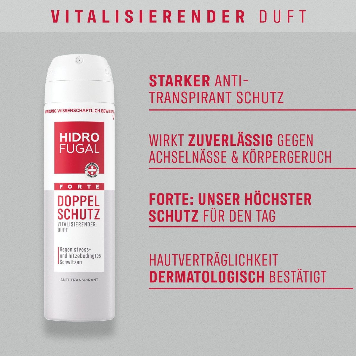 Hidrofugal Deo-Spray HIDROFUGAL FORTE DOPPEL SCHUTZ 4 x 150 ml, Set, 4-tlg., schützt gegen verschiedene Schweiß-Arten