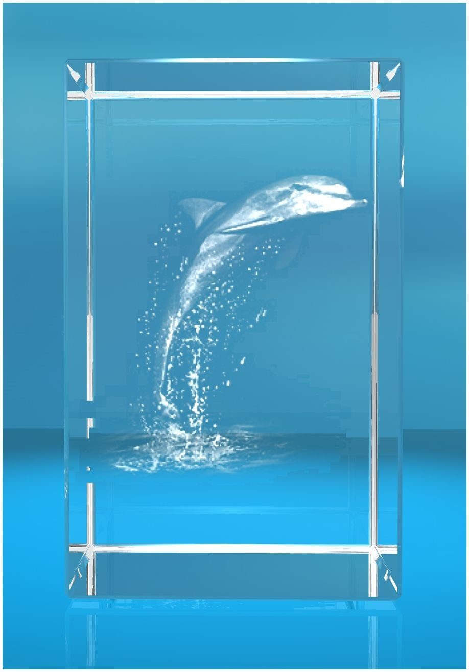 VIP-LASER Dekofigur 3D Glasquader Motiv: Delfin / Delphin, Hochwertige Geschenkbox, Made in Germany, Familienbetrieb