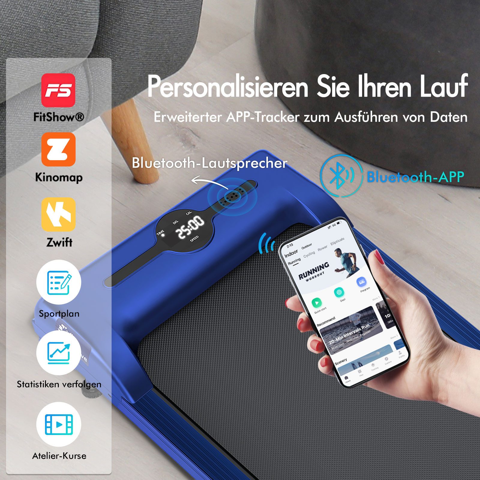 BLACK LORD Laufband für Zuhause, Walking Pad, Klappbares Untertisch-Laufband mit Armlehne (119 x 48,5 x 103 cm, 1-tlg), mit Bluetooth, Fernbedienung, Lautsprecher, 1-12km/h