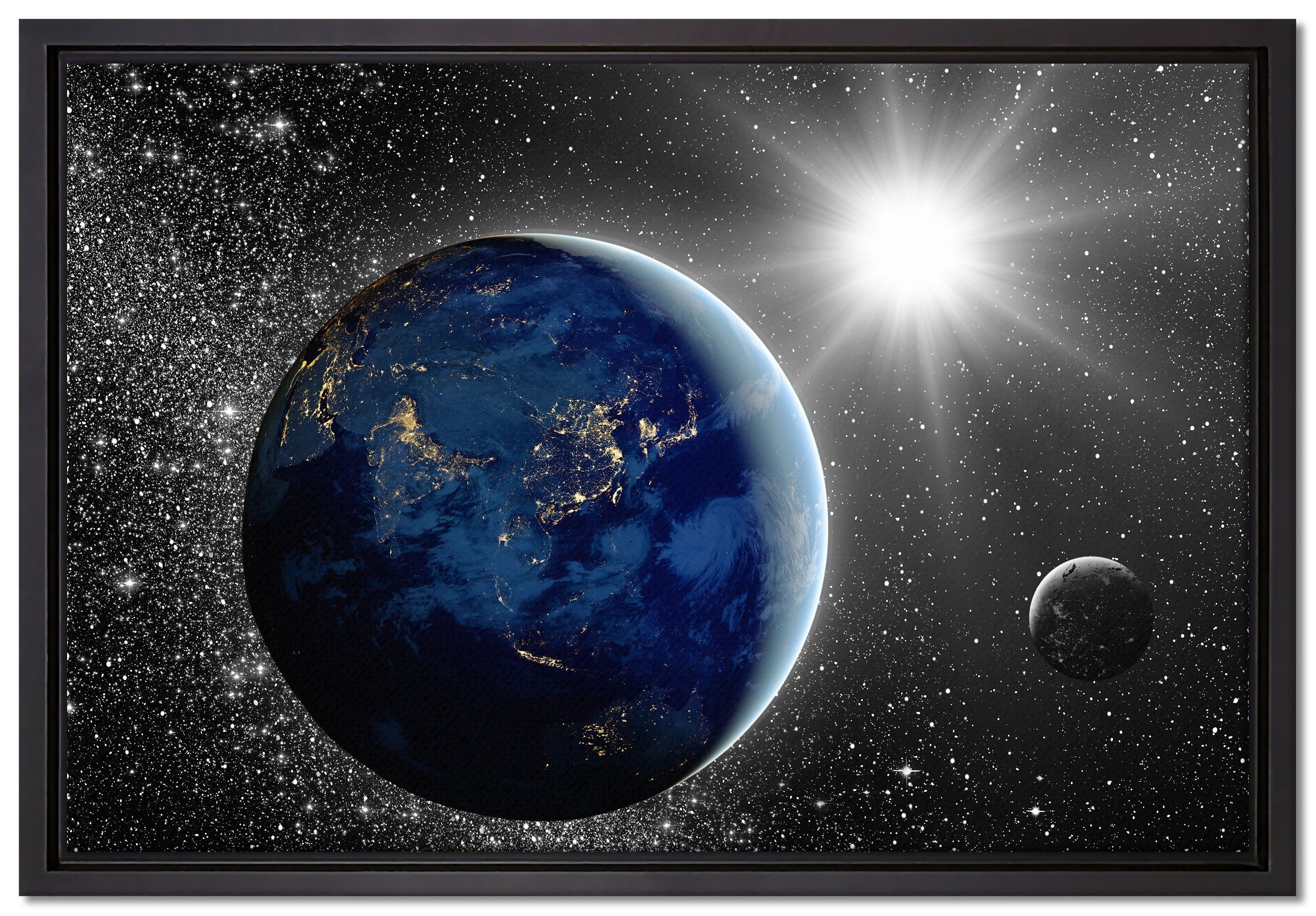 Pixxprint Leinwandbild Erde mit Sonne im Weltall, Wanddekoration (1 St), Leinwandbild fertig bespannt, in einem Schattenfugen-Bilderrahmen gefasst, inkl. Zackenaufhänger
