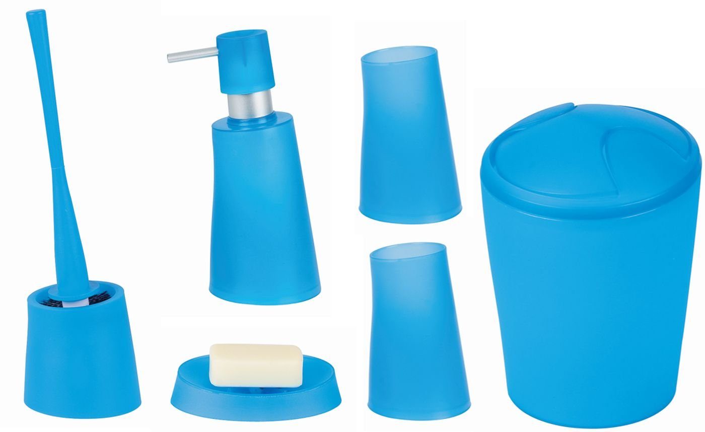 spirella Badaccessoires-Sets MOVE, Zubehör-Set aus hochwertigem Kunststoff PP, 6 tlg., bestehend aus: Kosmetik Schwingdeckeleimer 2L, WC-Bürste, Seifenspender, 2x Zahnputzbecher, Seifenschale, stylish-matter Frost Look, hellblau, Komplett-Set Badezimmerzubehör, 6 tlg.