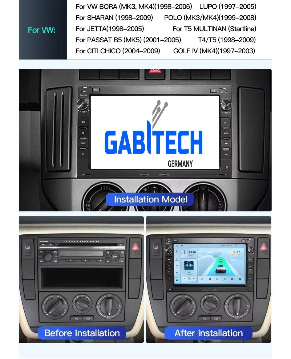 GABITECH Android 14 Autoradio für VW BORA POLO SHARAN T5 MULTIVANT GPS Navi Autoradio (Carplay, 4GB RAM 8-Core CPU)