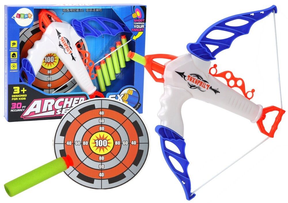 LEAN TOYS Kinderbogenset LeanToys Bogen mit Zielscheibe und 6 weichen Pfeilen mit Saugnapf