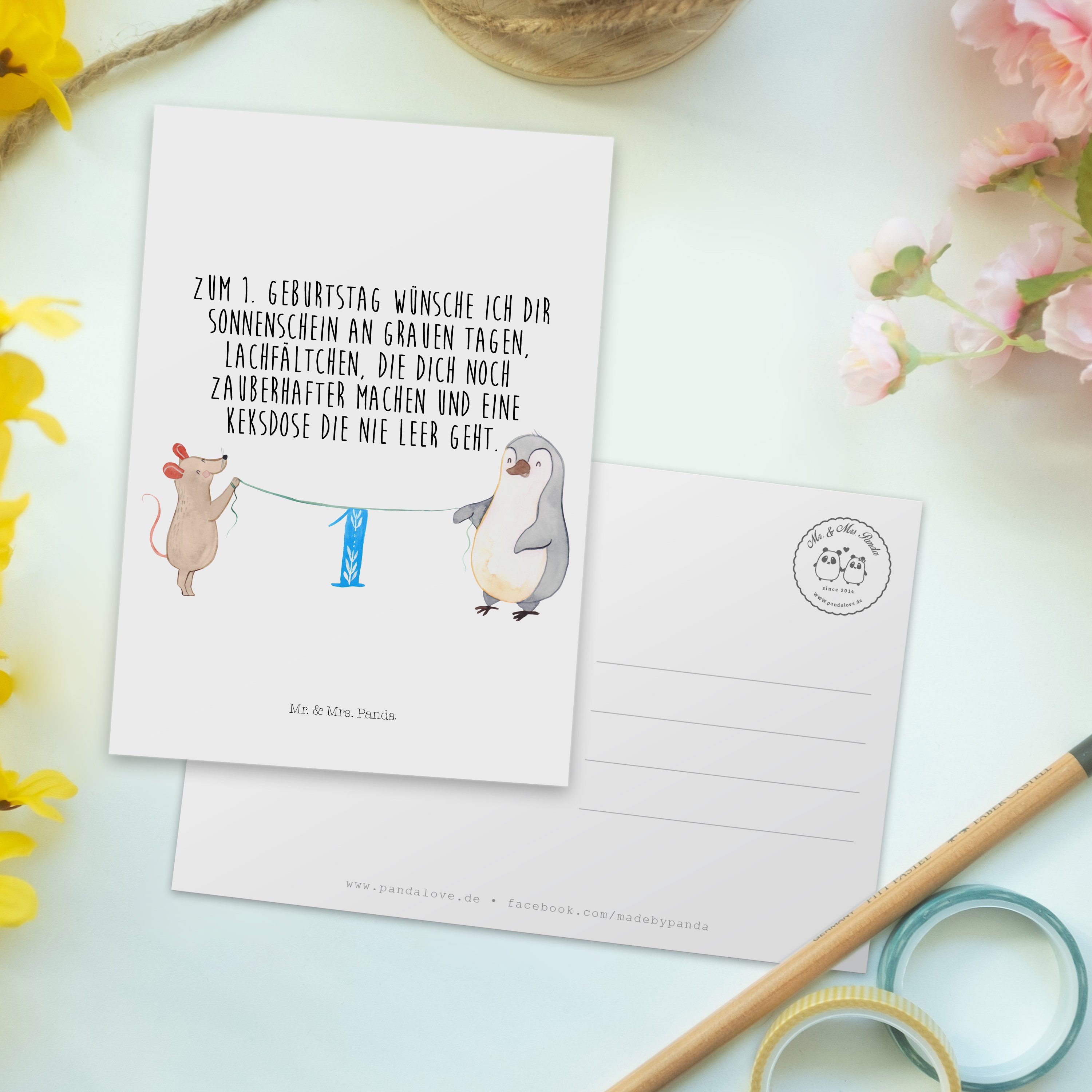 Weiß - 1. Pinguin Geschenk, - Mr. Panda & Geburtstagskarte, Mrs. Maus Torte Geburtstag Postkarte