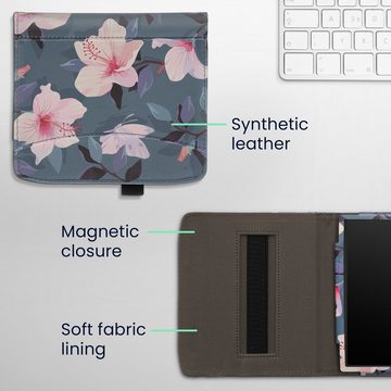 kwmobile E-Reader-Hülle Schutzhülle für Pocketbook Era / Era Color, Vorderfach Handschlaufe - Weiß-Rosa Fuchsien-Blüten Design