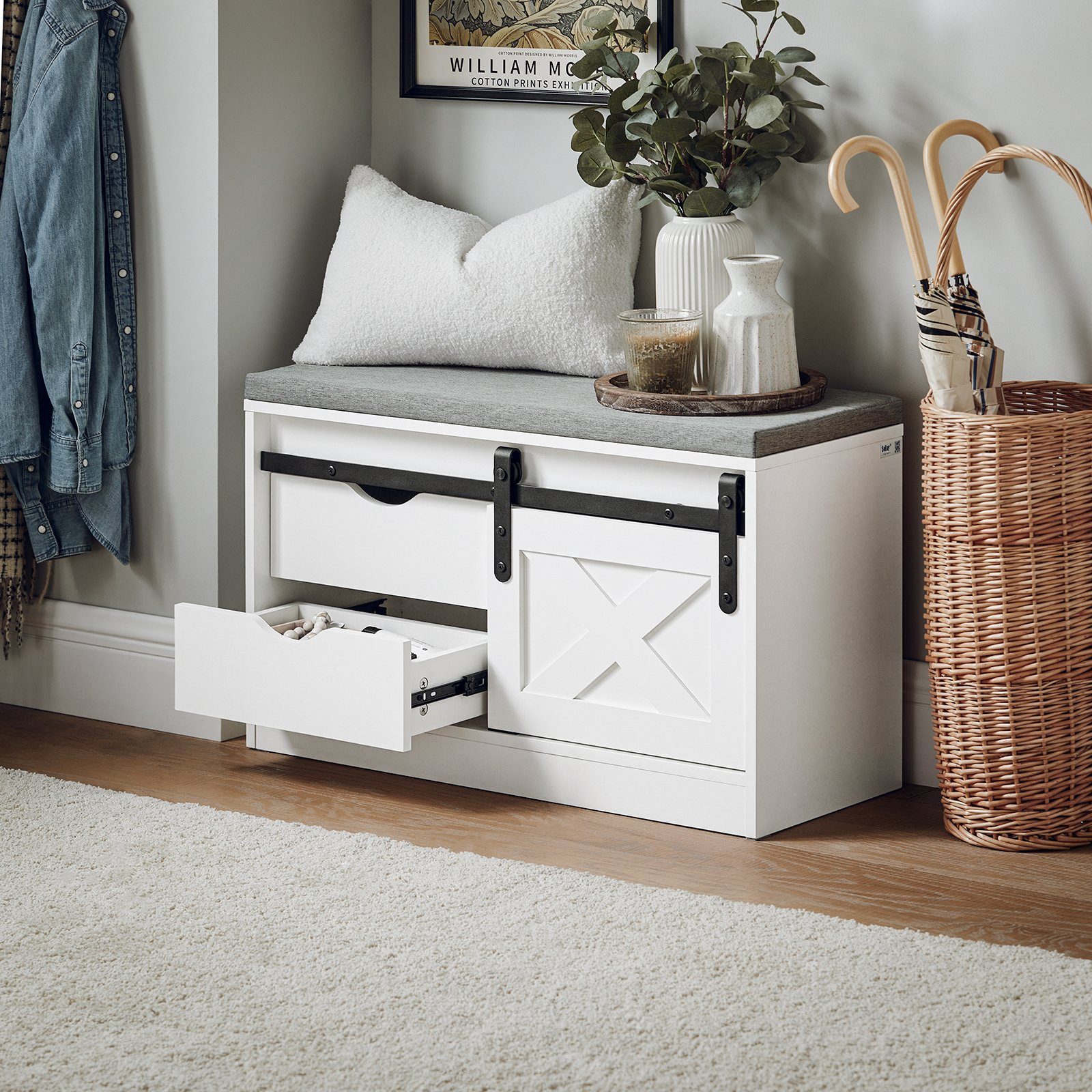 SoBuy Schuhbank FSR153, mit Sitzfläche, Schuhschrank schmal, mit Schiebetüren, Sitzbank mit Stauraum Schuhregal Dielenbank Schuhtruhe Sitzkommode