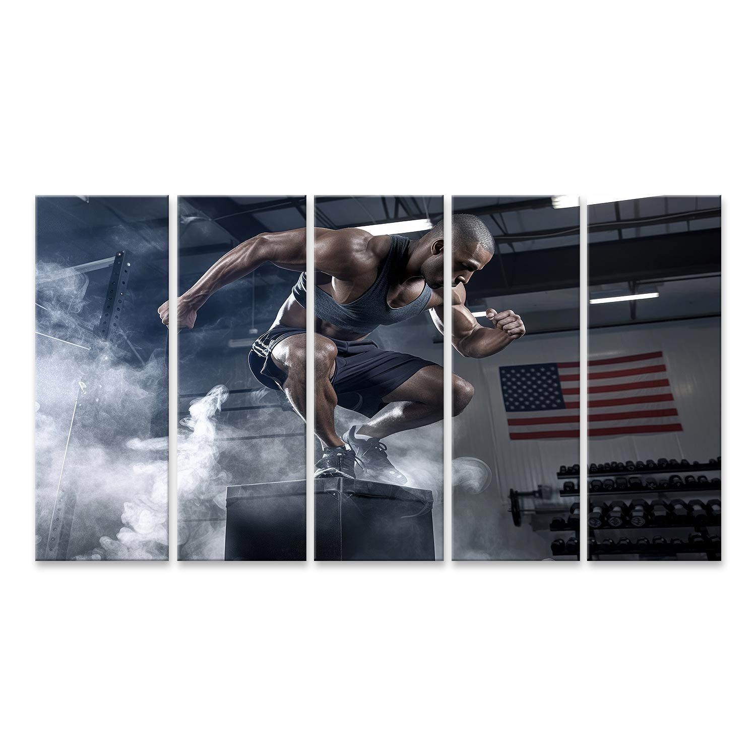 islandburner Leinwandbild, Sportler beim intensiven Training im Fitnessstudio mit Raucheffekten