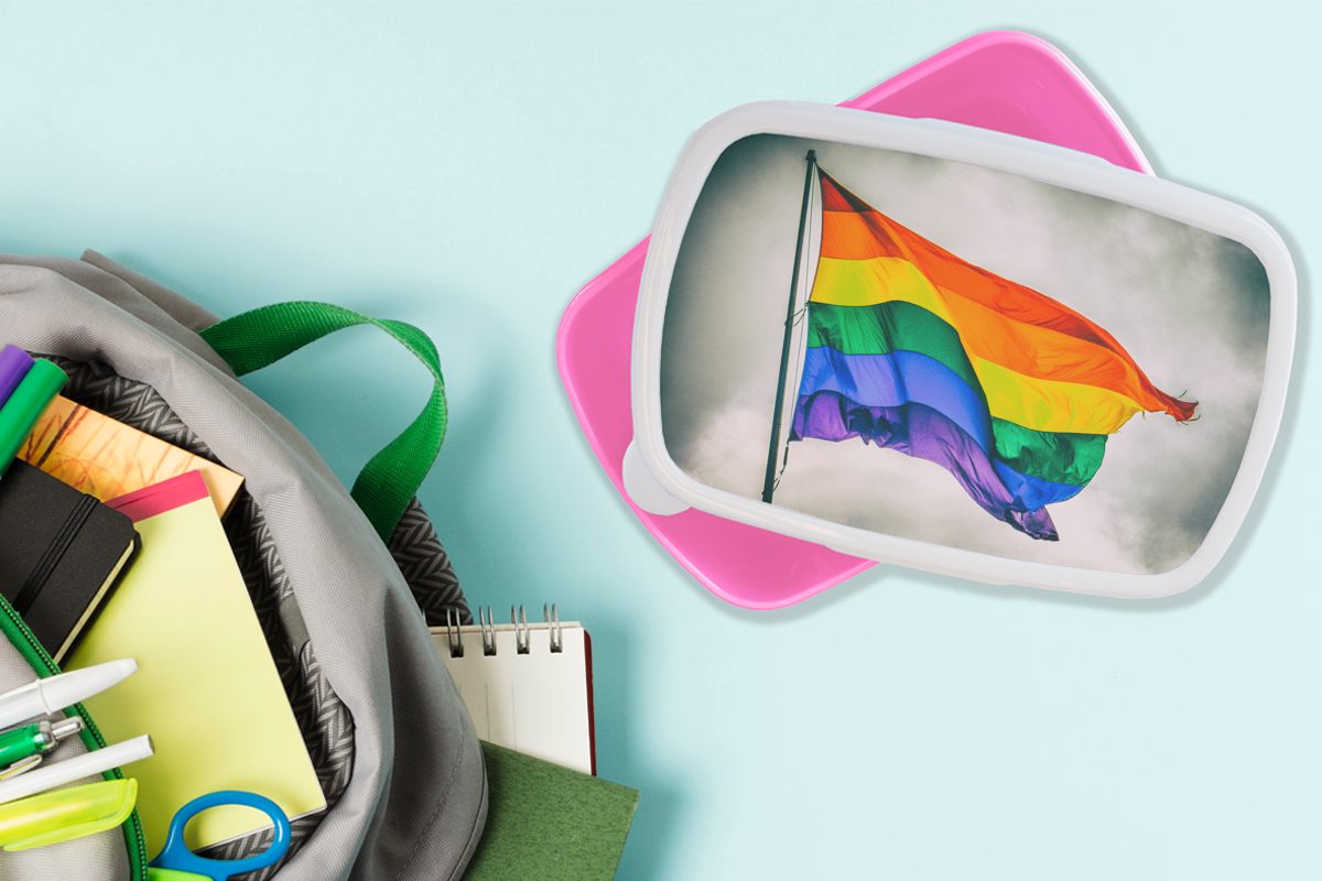 MuchoWow einer Kunststoff Lunchbox Snackbox, Mädchen, Kunststoff, für Kinder, Brotdose (2-tlg), Regenbogenflagge, Foto Brotbox Erwachsene, rosa