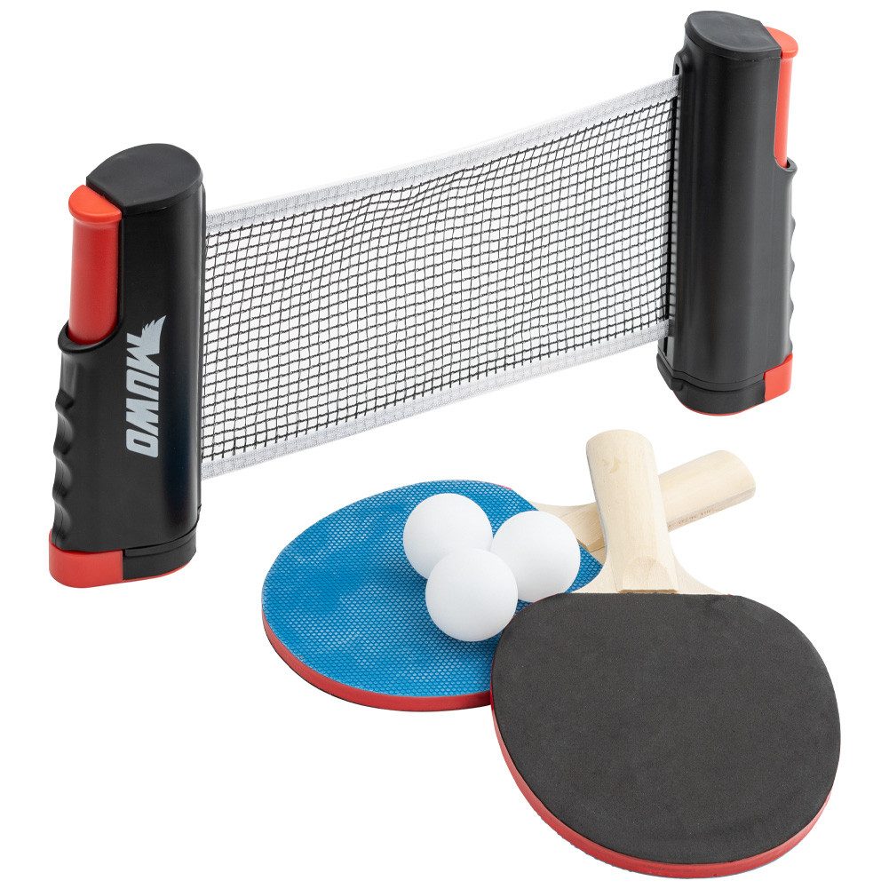 MUWO Tischtennisschläger Tischtennis Set mit Schlägern, Netz und Bälle (Set mit 2x Schlägern, 3x Bällen, 1x Netz und 2x Netzhalterungen), für glatte und raue Tischoberflächen geeignet